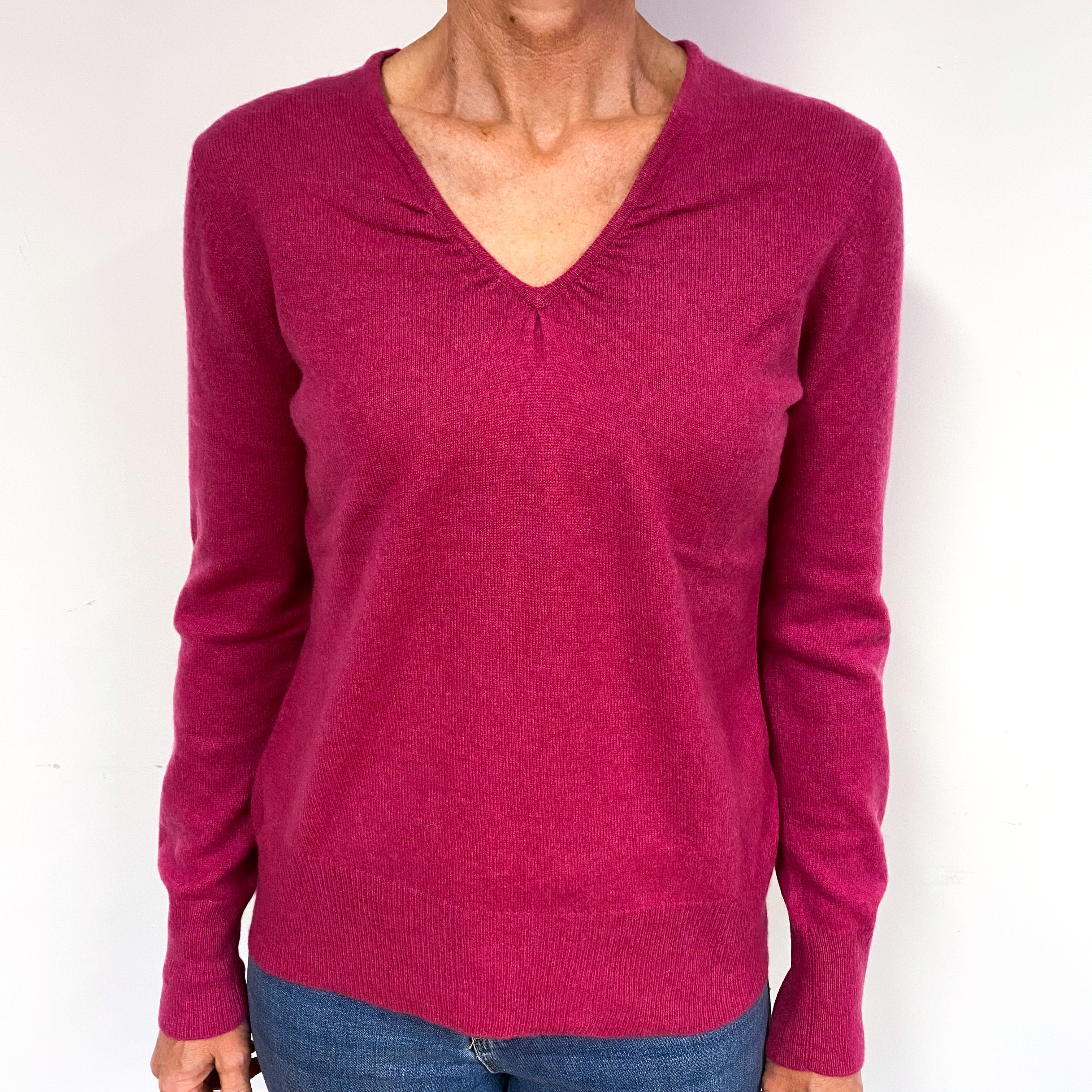 Raspberry Pink Cashmere Ruched V-Neck Jumper Medium