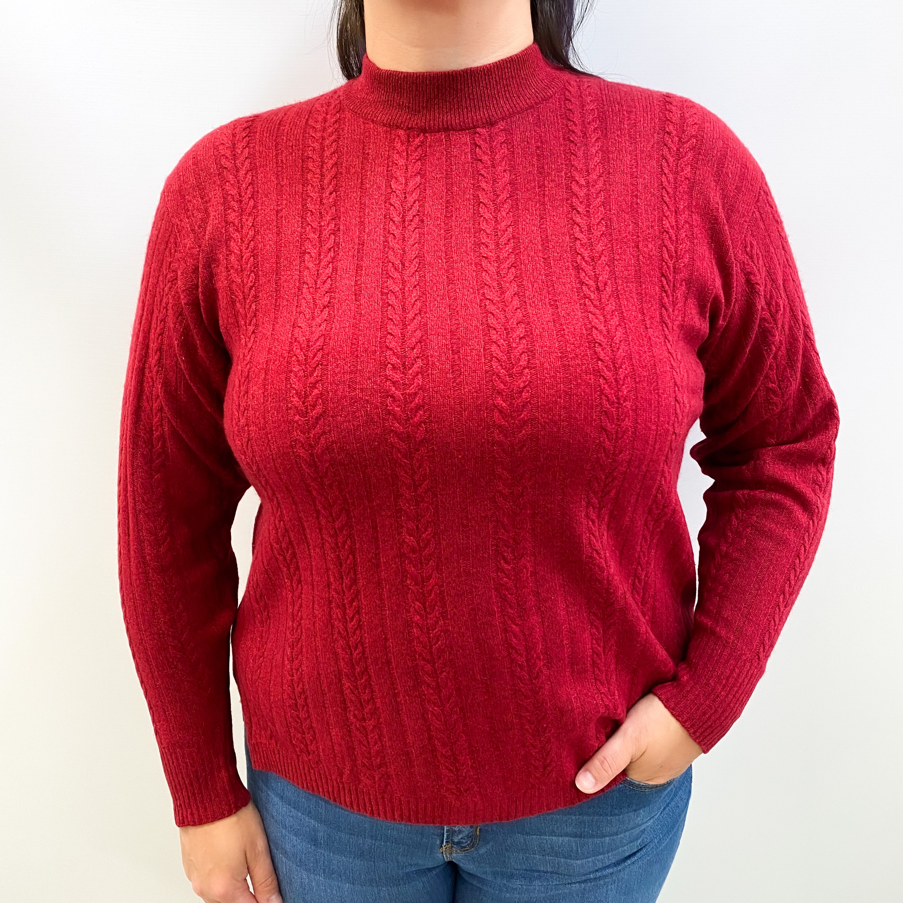 Garnet Red Cashmere Polo Neck Cable Knit Jumper Large