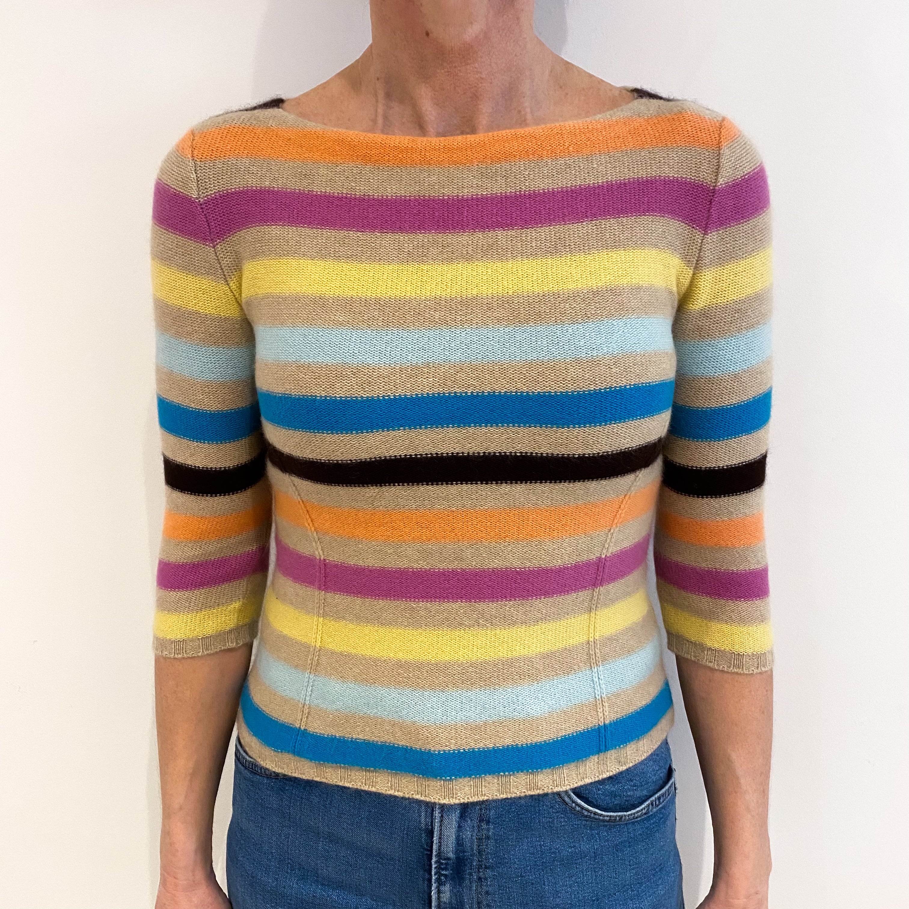 Beige Colourful Stripe Cashmere Boat Neck Jumper Small