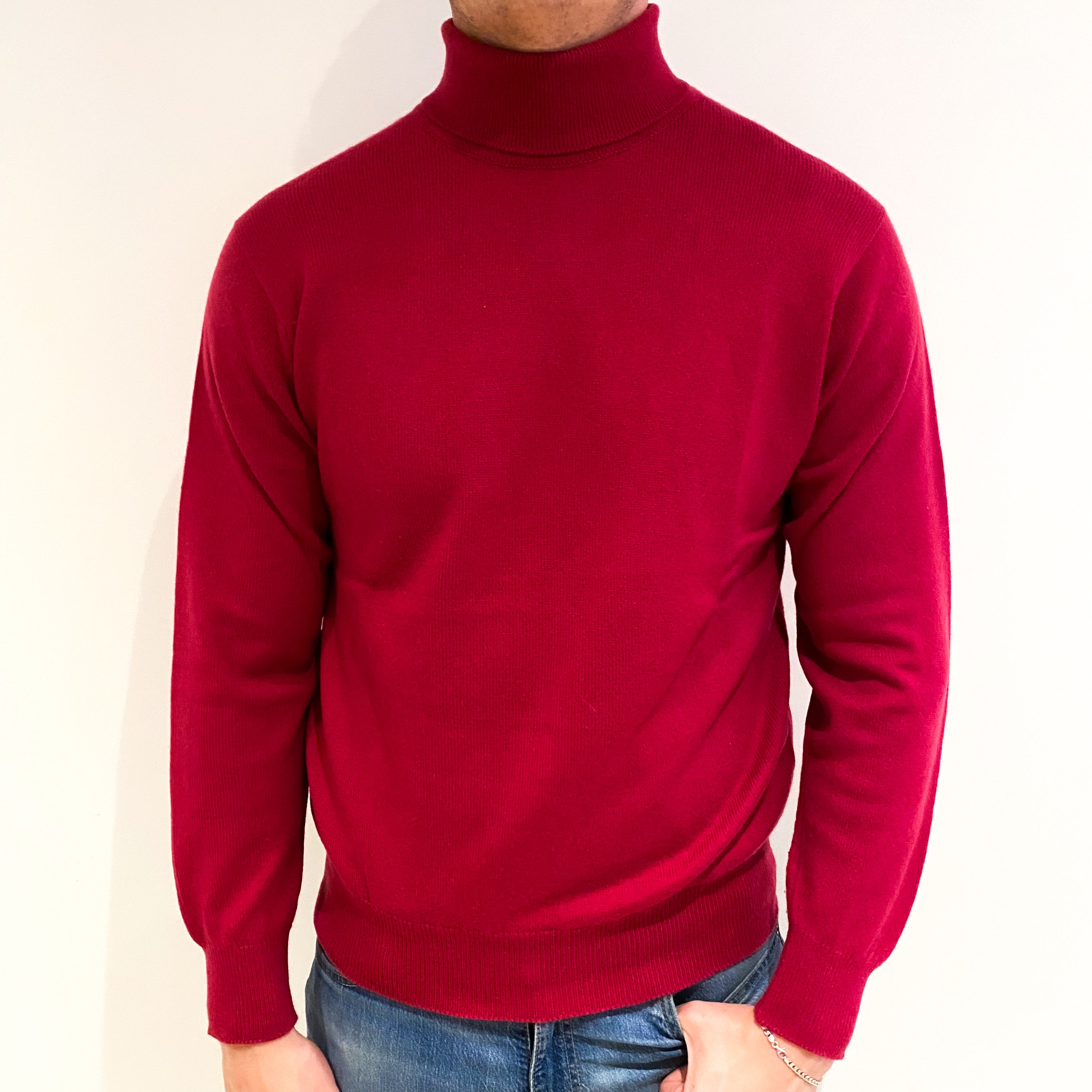 Men's Raspberry Pink Cashmere Polo Neck Jumper XL