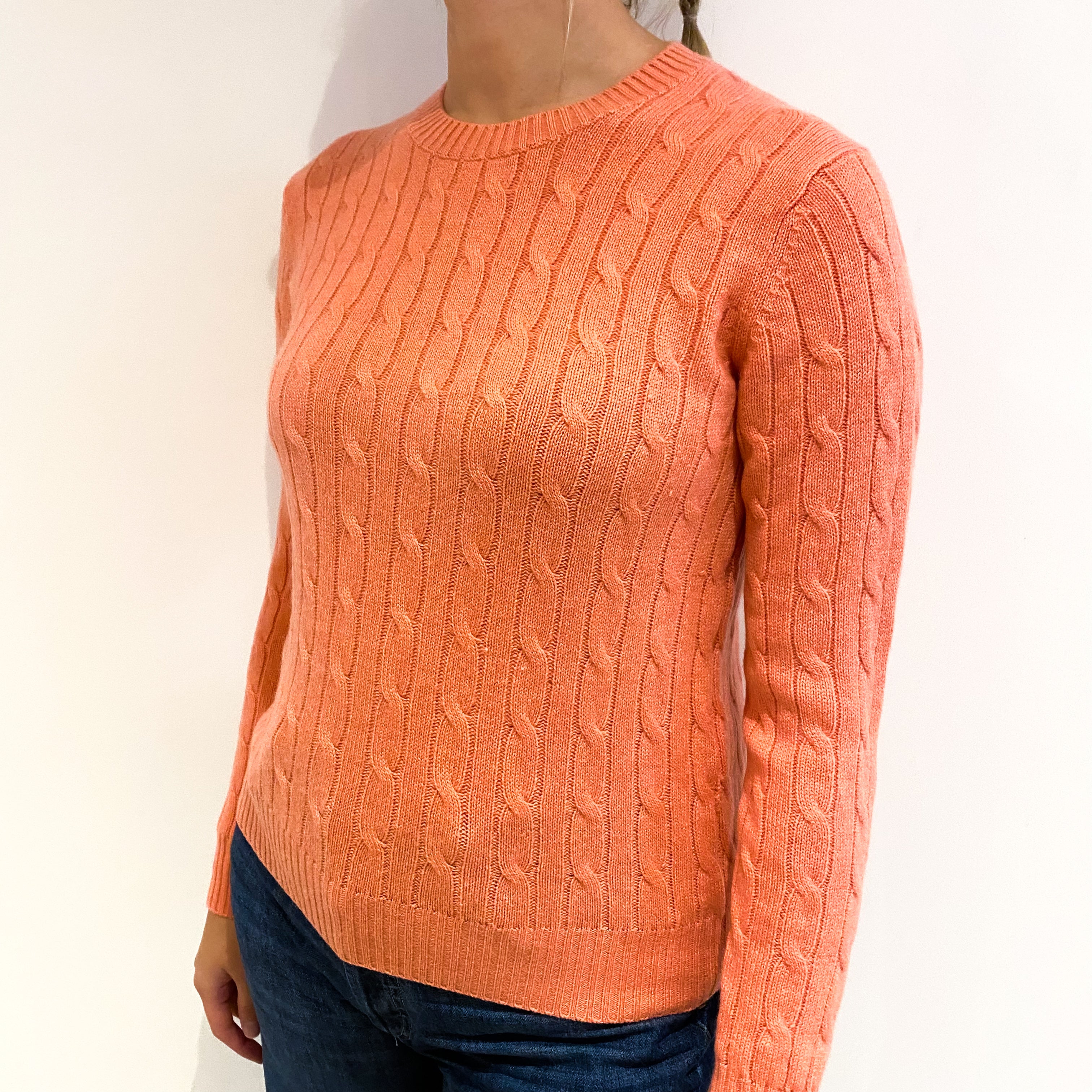 Coral Pink Cable Cashmere Crew Neck Jumper Small
