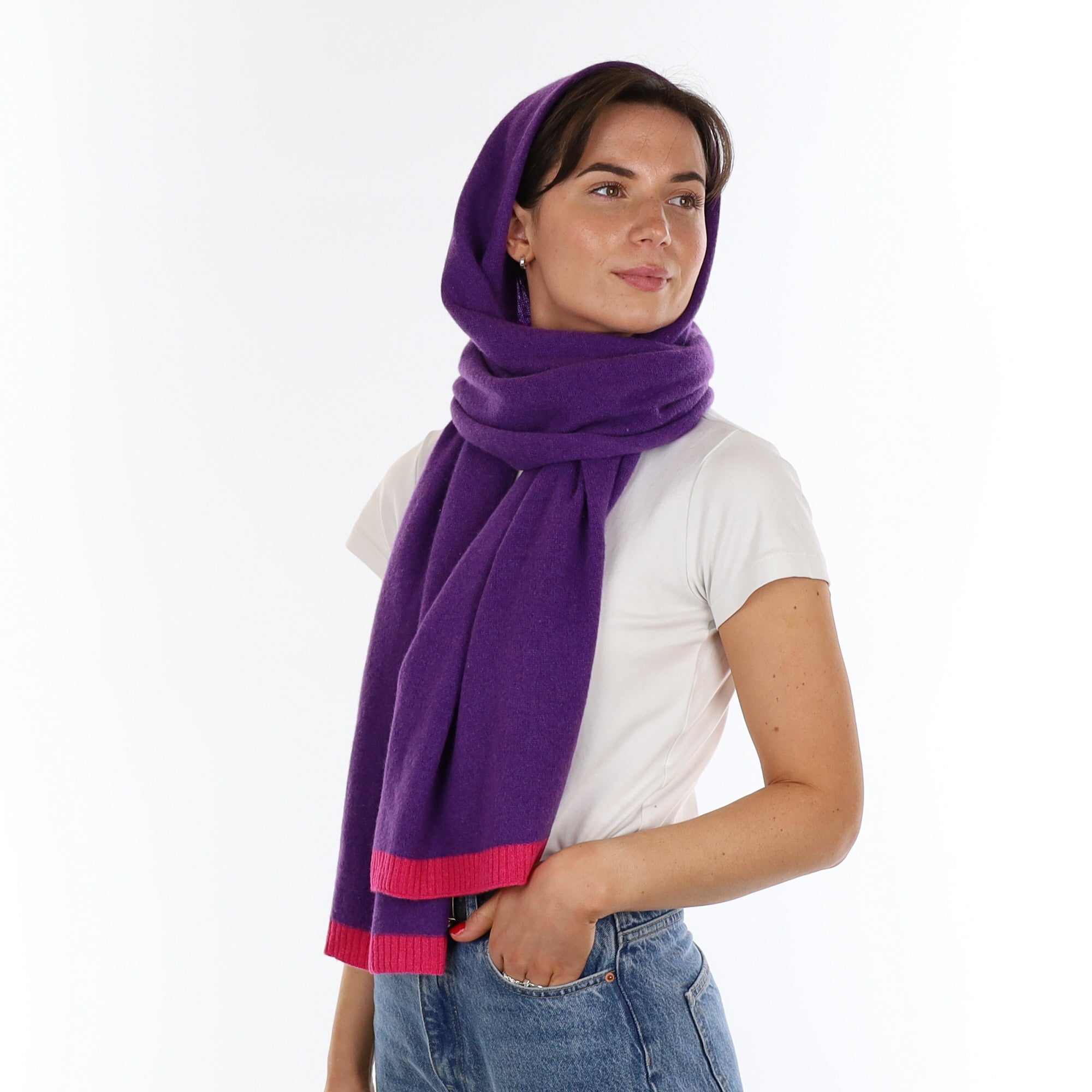 Brand New Periwinkle with Hot Pink Rib Recycled Cashmere Wrap