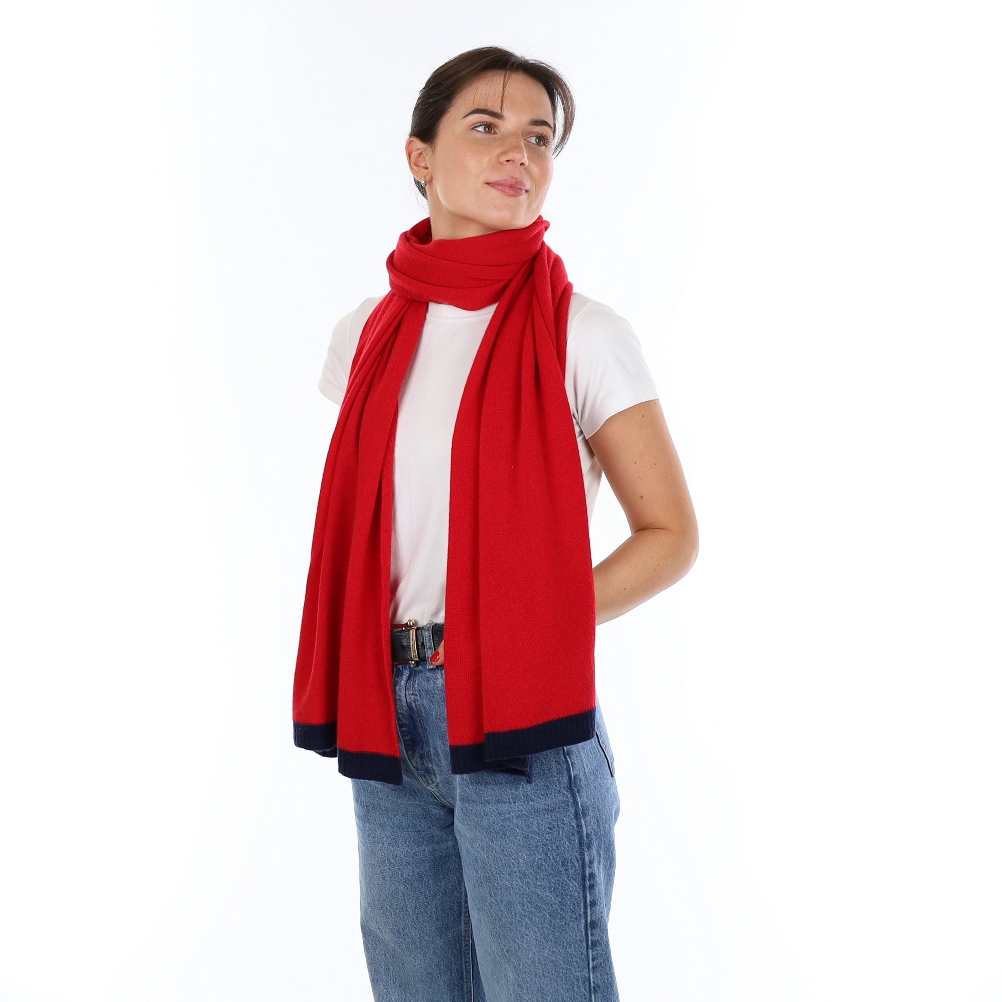 Brand New Postbox Red with Navy Rib Recycled Cashmere Wrap