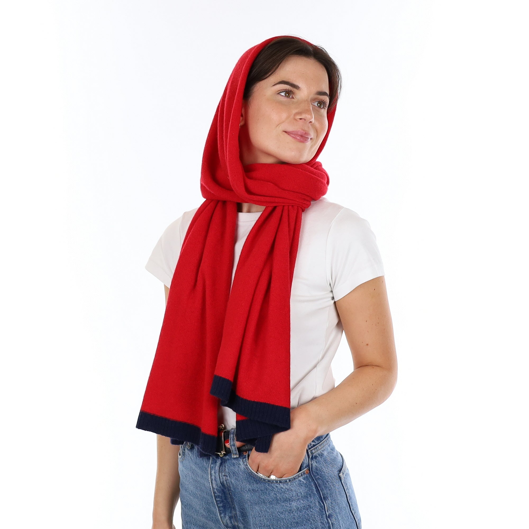 Brand New Postbox Red with Navy Rib Recycled Cashmere Wrap