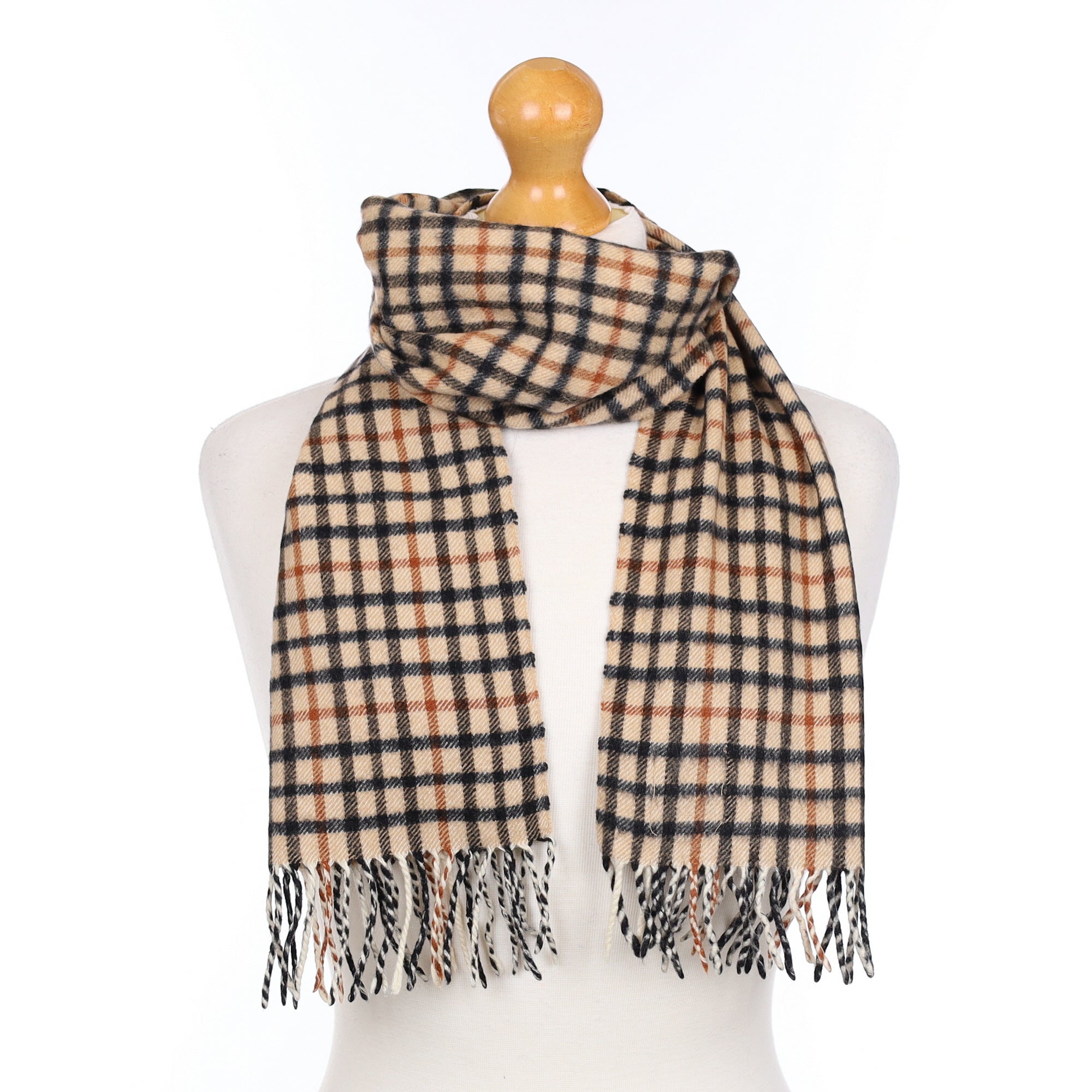 Beige and Black Checked Woven Cashmere Scarf