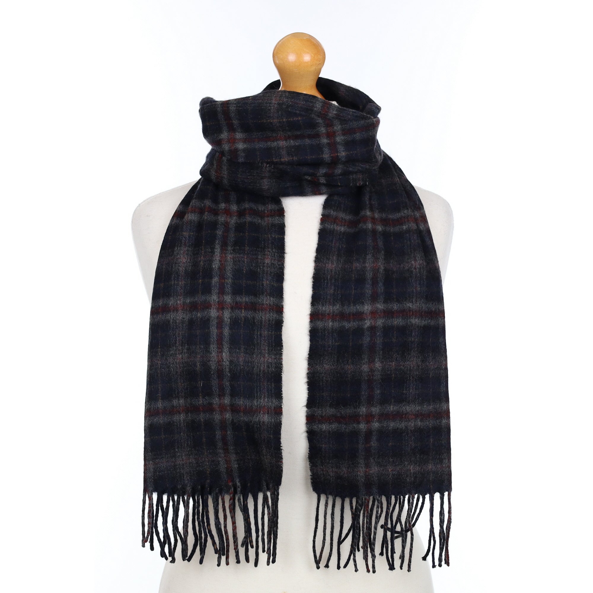 Navy and Burgundy Plaid Woven Cashmere Scarf