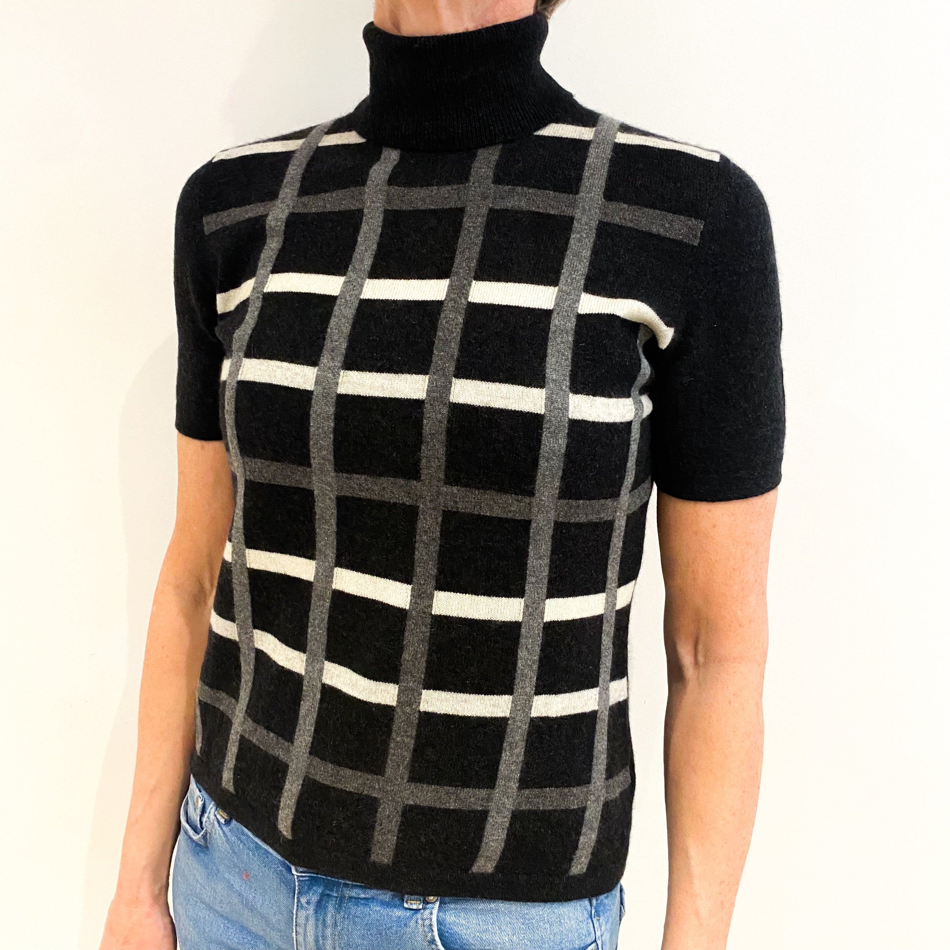 Italian Charcoal Grey Cashmere Polo Neck Short Sleeved Jumper Small
