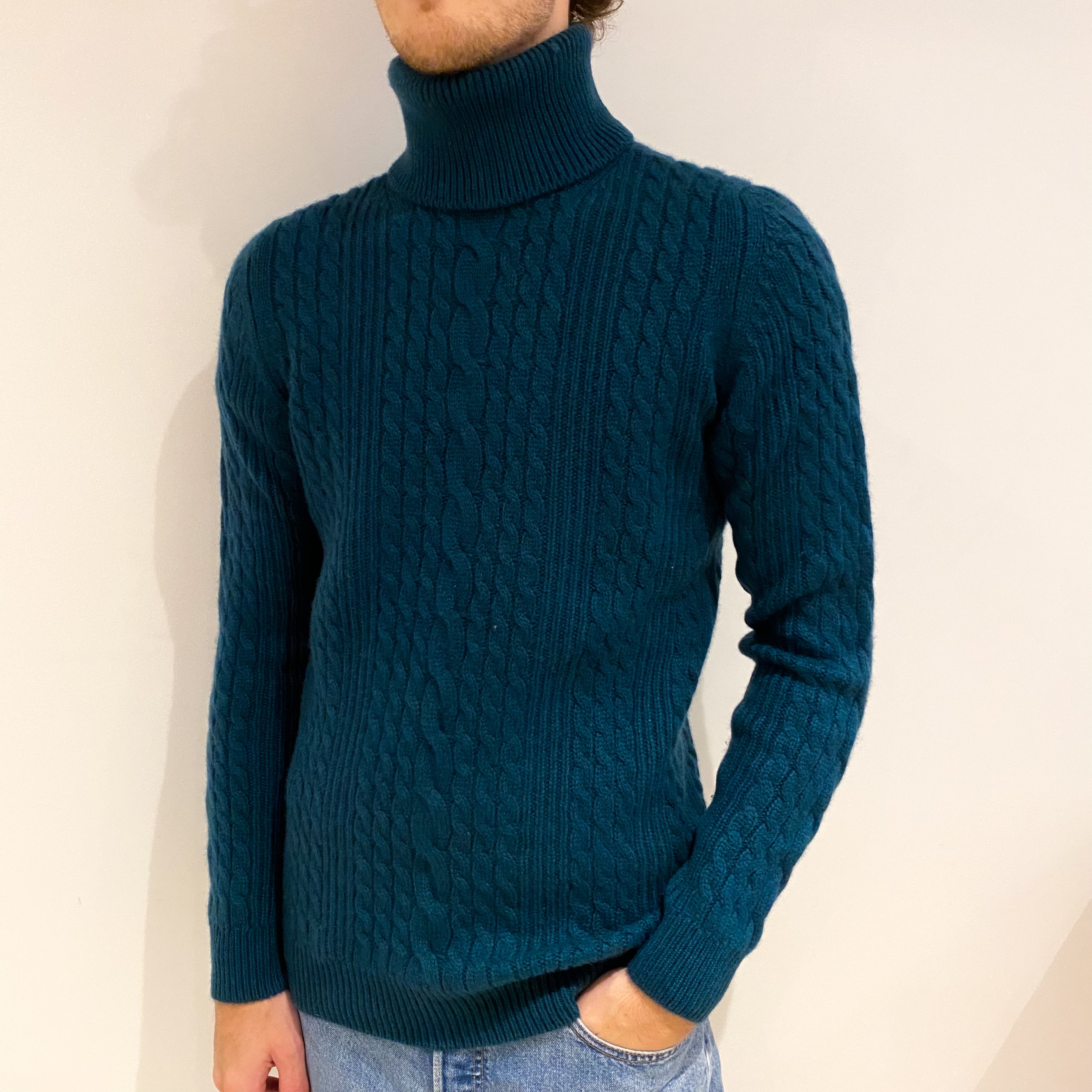 Men's New Scottish Teal Cable Cashmere Polo Neck Jumper Medium