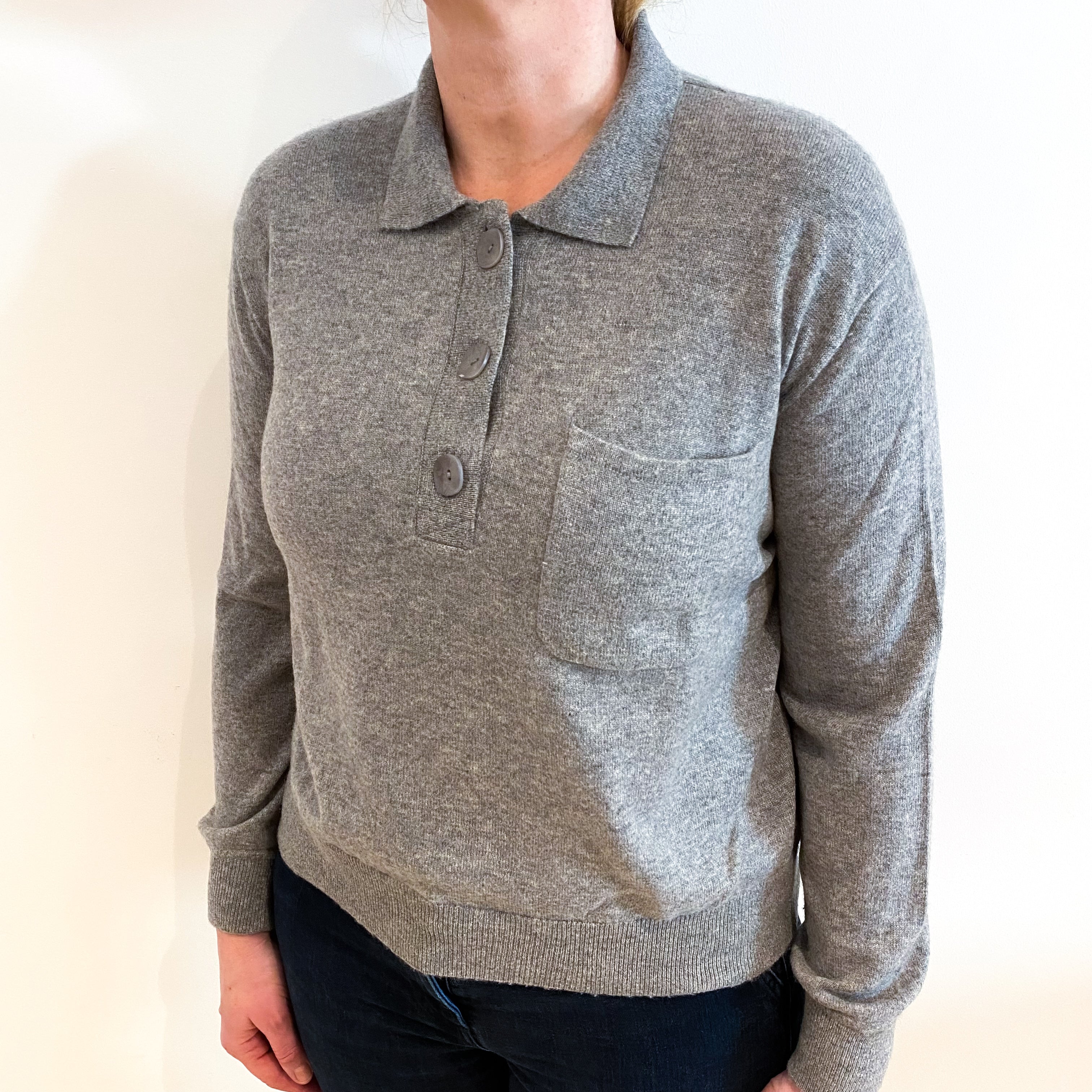 Ash Grey Cashmere Collared 1/4 Button Jumper Large