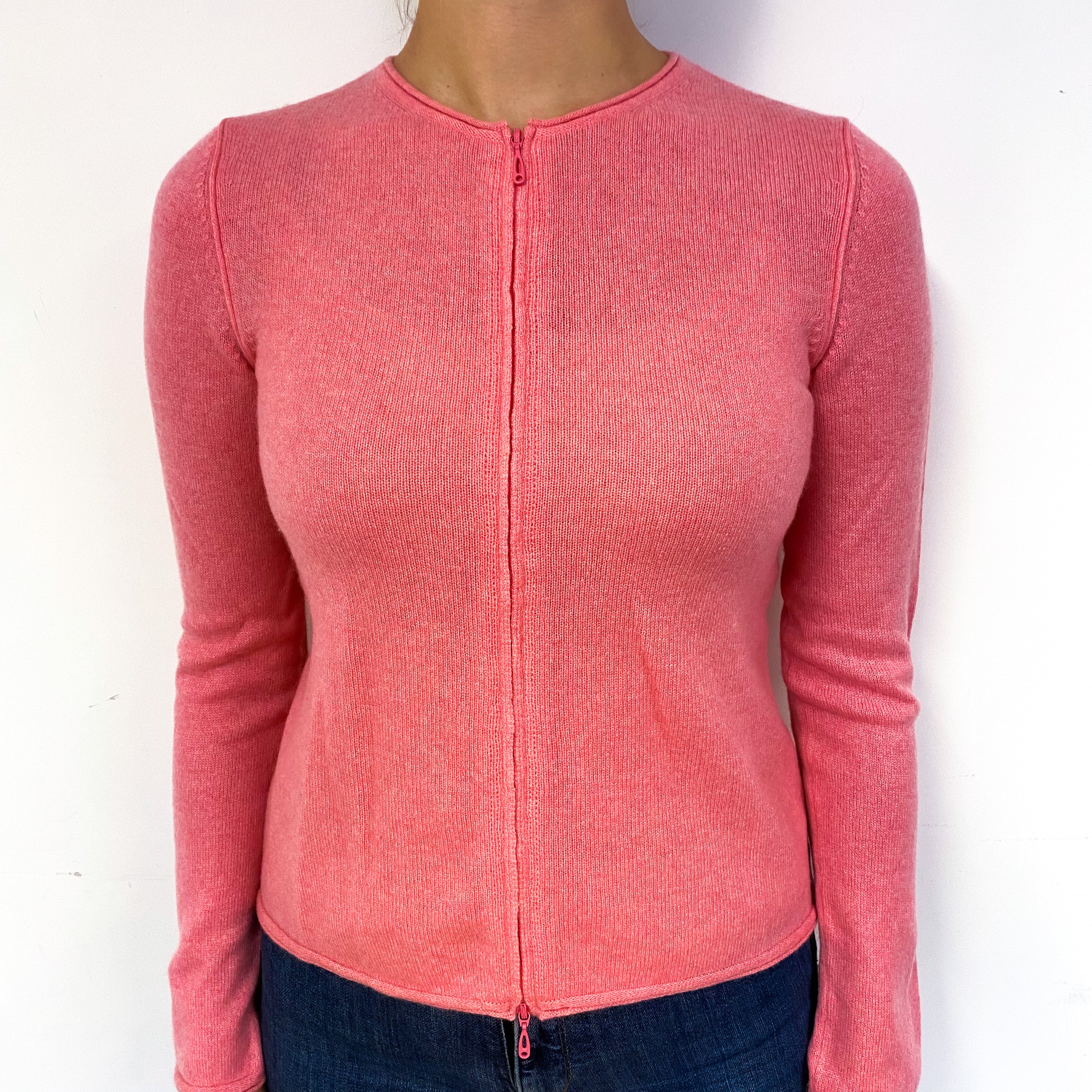 Deep Flamingo Pink Cashmere Zip Up Cardigan Small