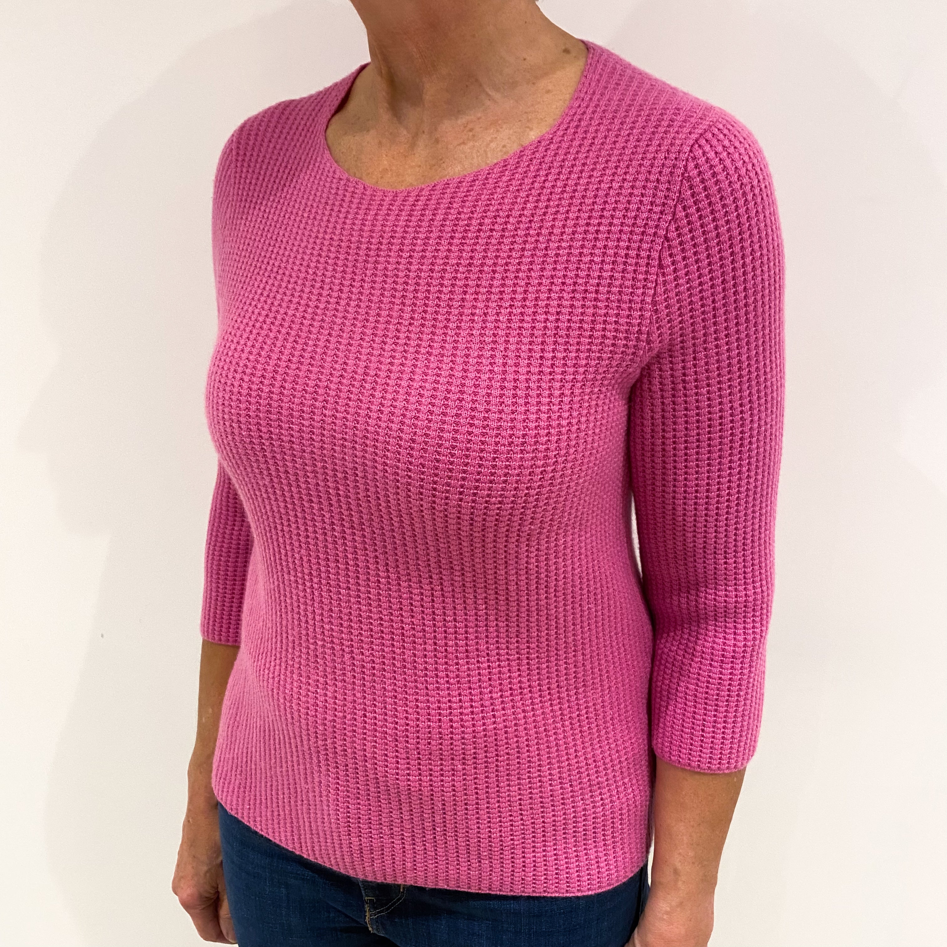 Sweet Pea Pink Waffle Knit Cashmere Scoop Neck Jumper Medium