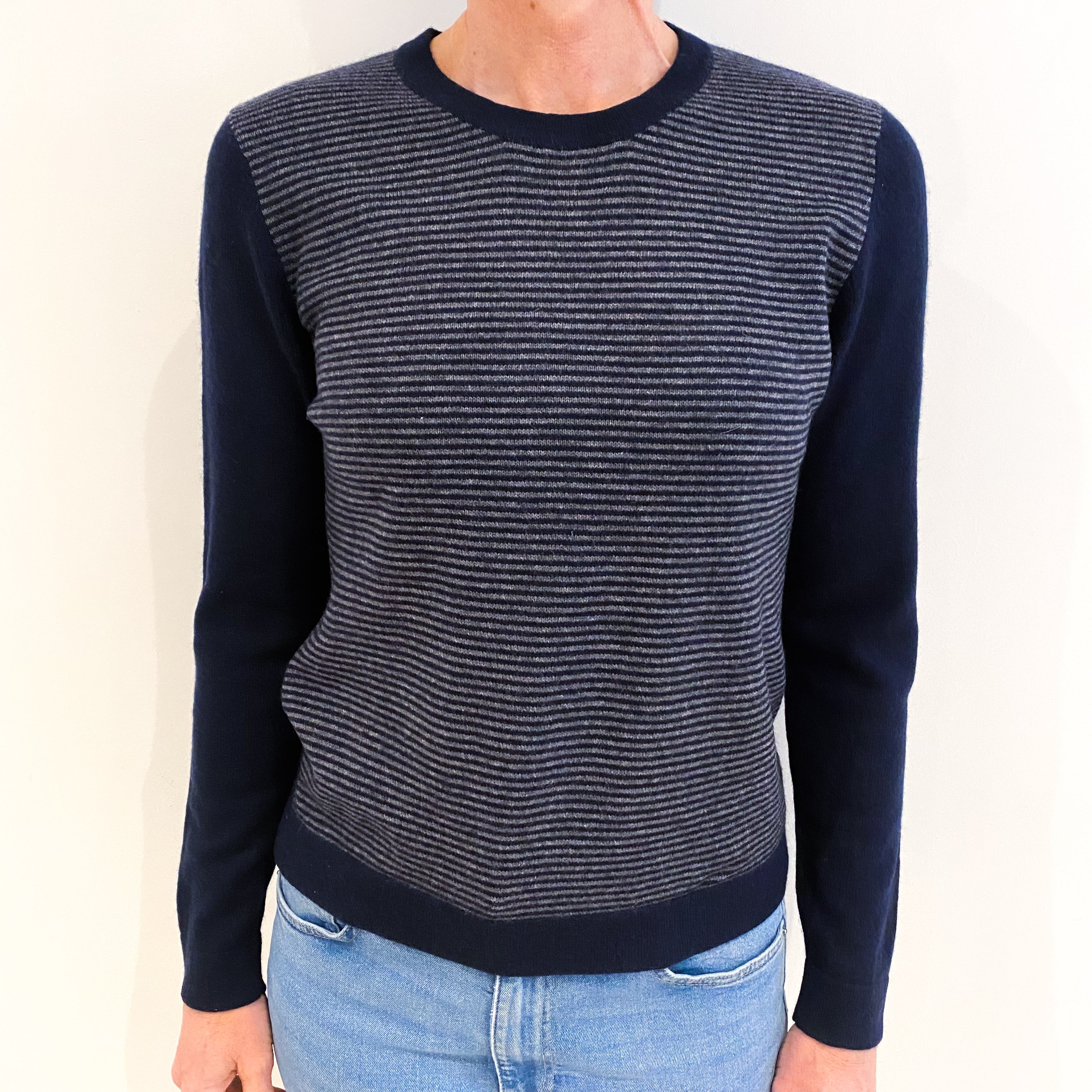 Navy Grey Stripe Cashmere Crew Neck Jumper Small