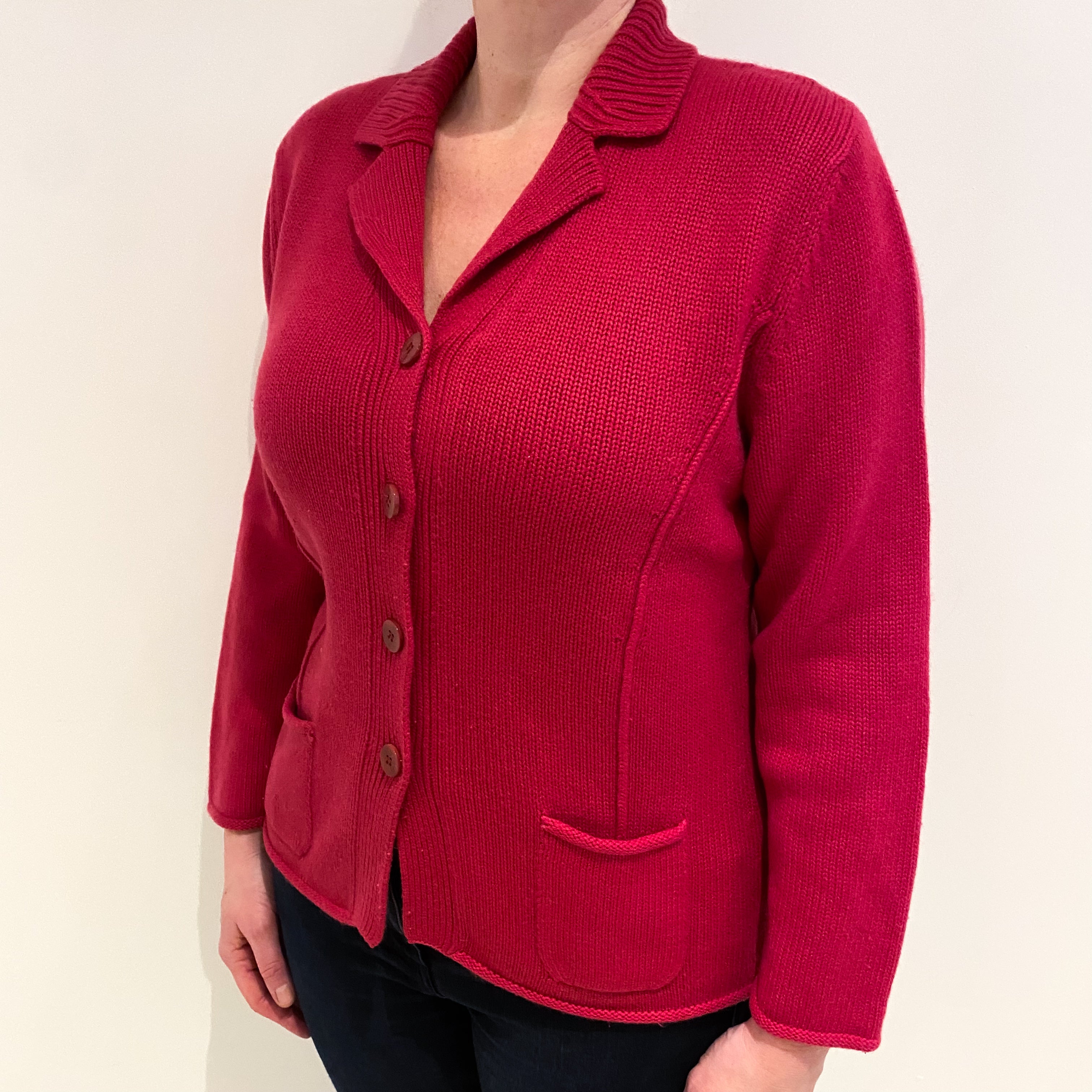 Italian Raspberry Pink Cashmere V Neck Cardigan With Pockets Large