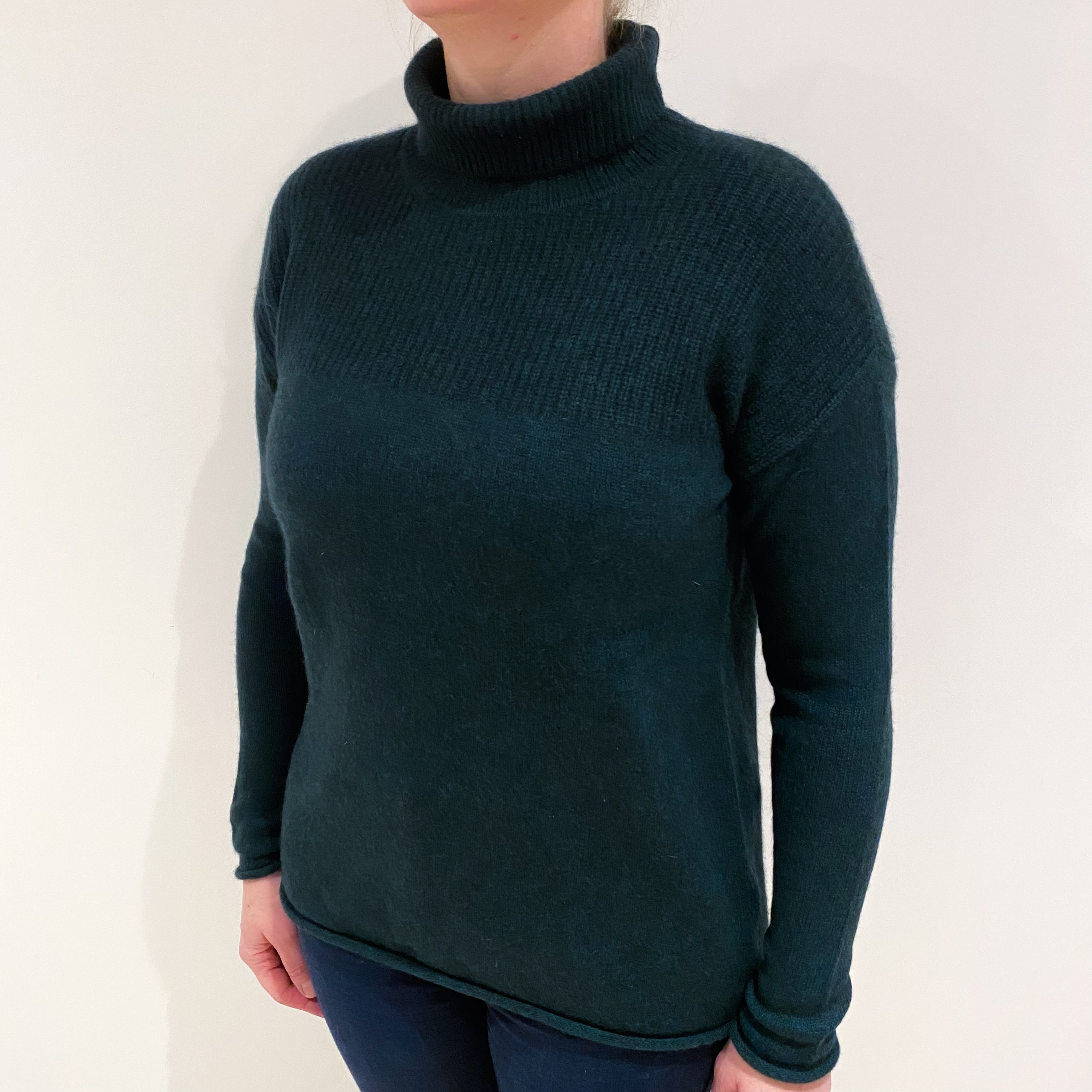 Bottle Green Chunky Cashmere Polo Neck Jumper Large