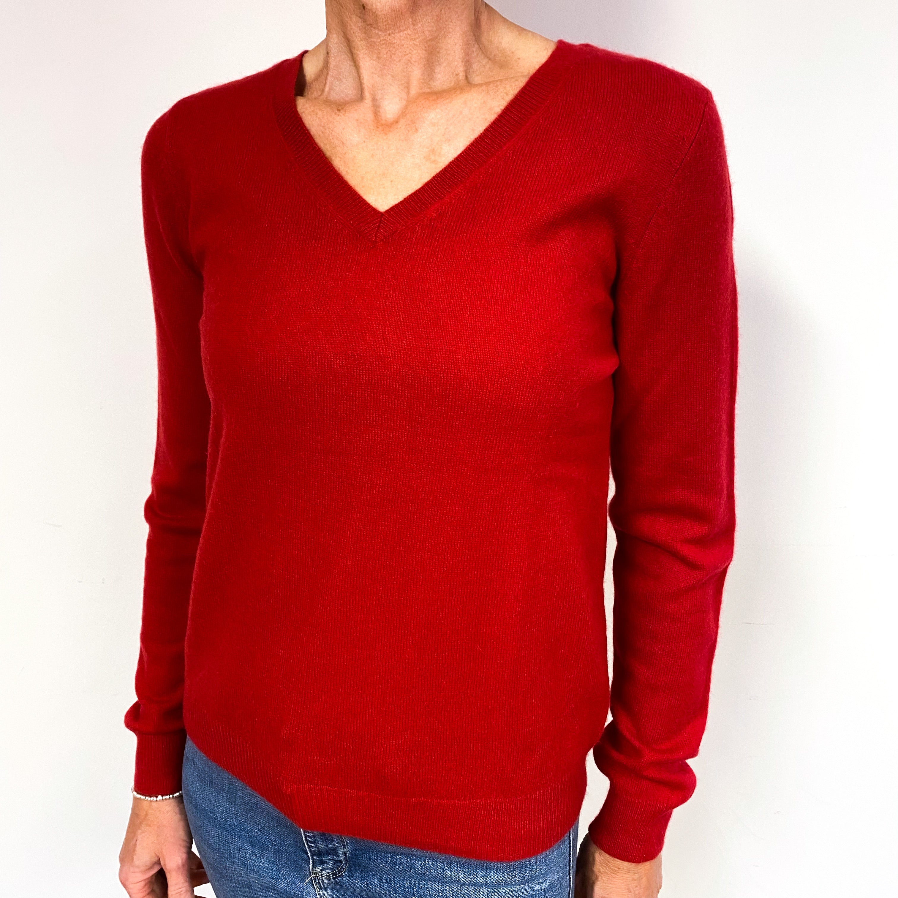 Post Box Red Cashmere V-Neck Jumper Medium
