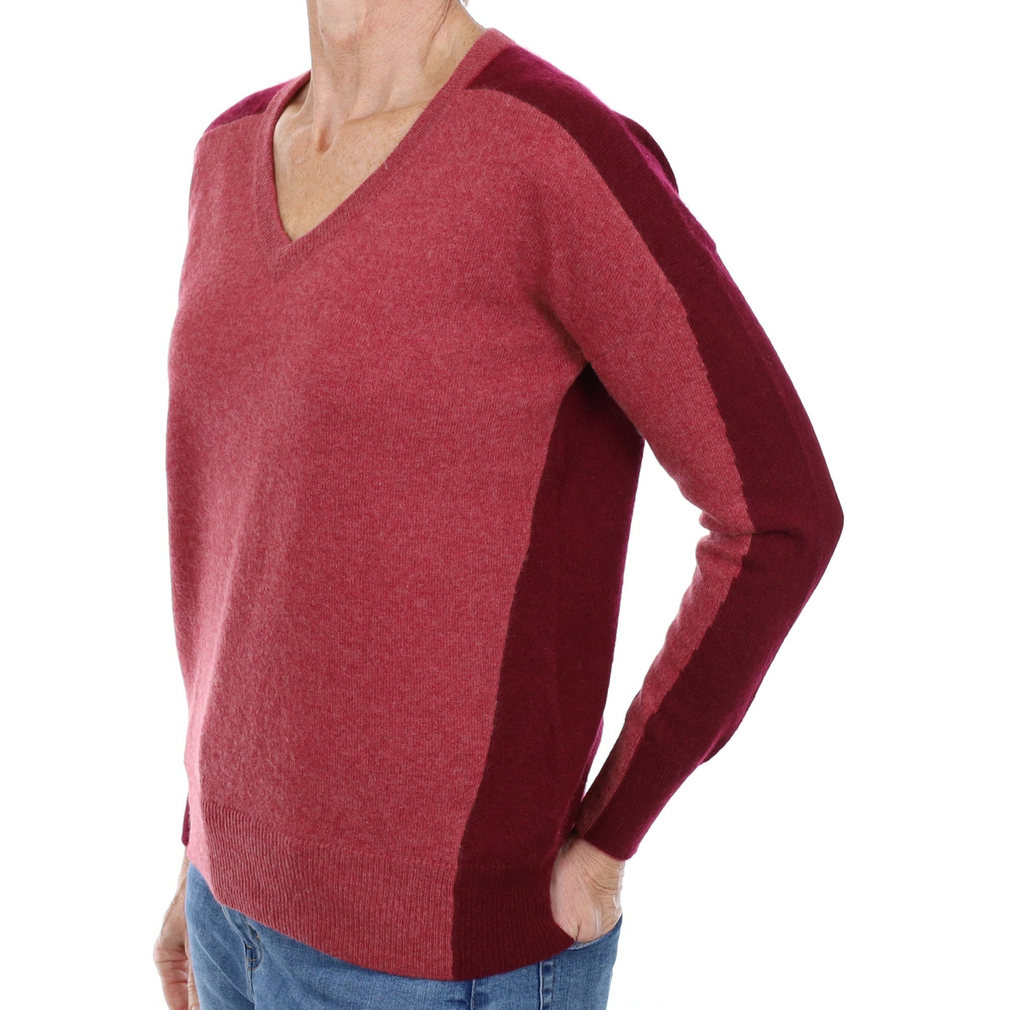 Raspberry and Burgundy Colourblock Cashmere V Neck Jumper Small
