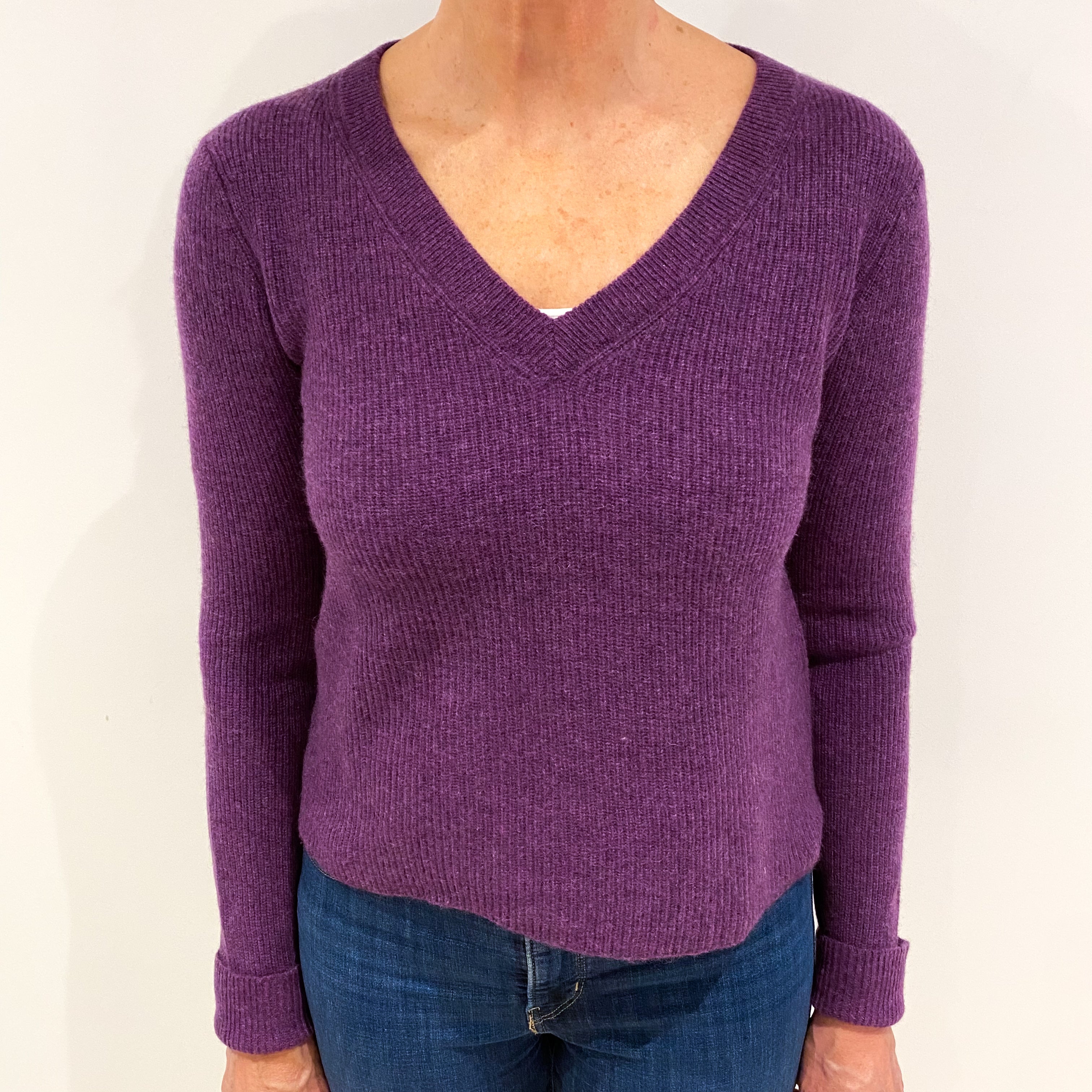 Viola Purple Cashmere V Neck Ribbed Jumper Medium