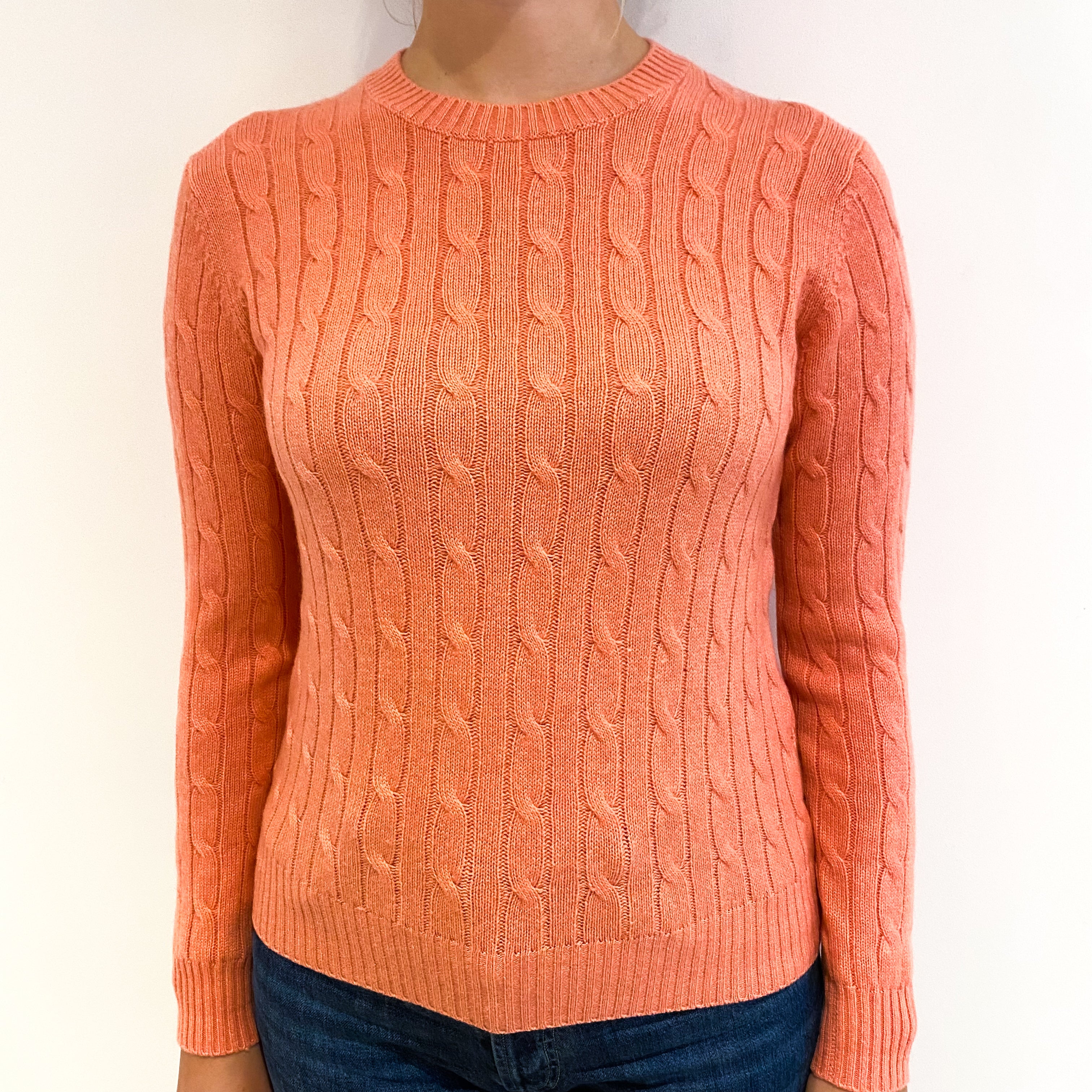 Coral Pink Cable Cashmere Crew Neck Jumper Small