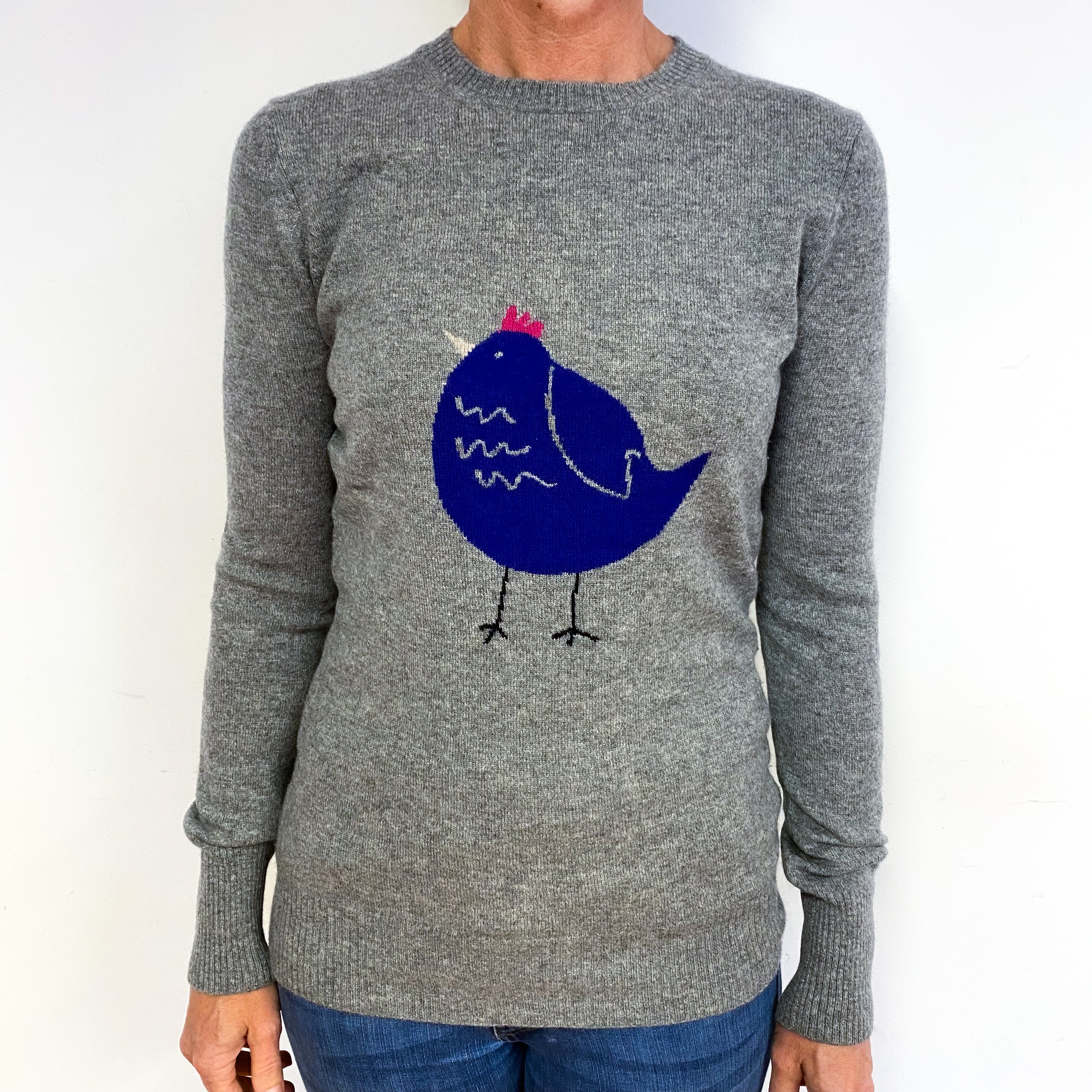 Ash Grey with Chick Motif Cashmere Crew Neck Jumper Medium