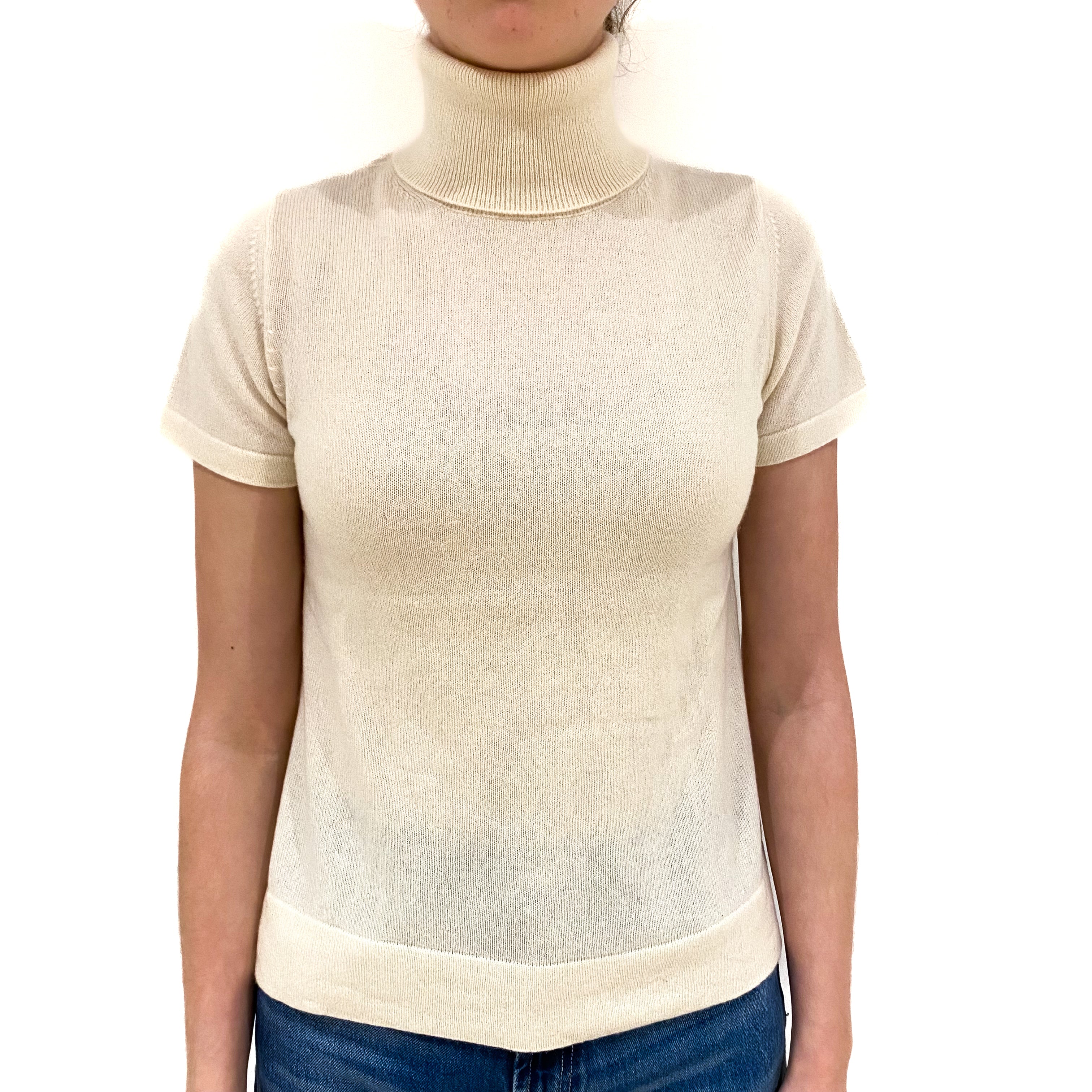 Cream Cashmere Short Sleeve Polo Neck Jumper Extra Small