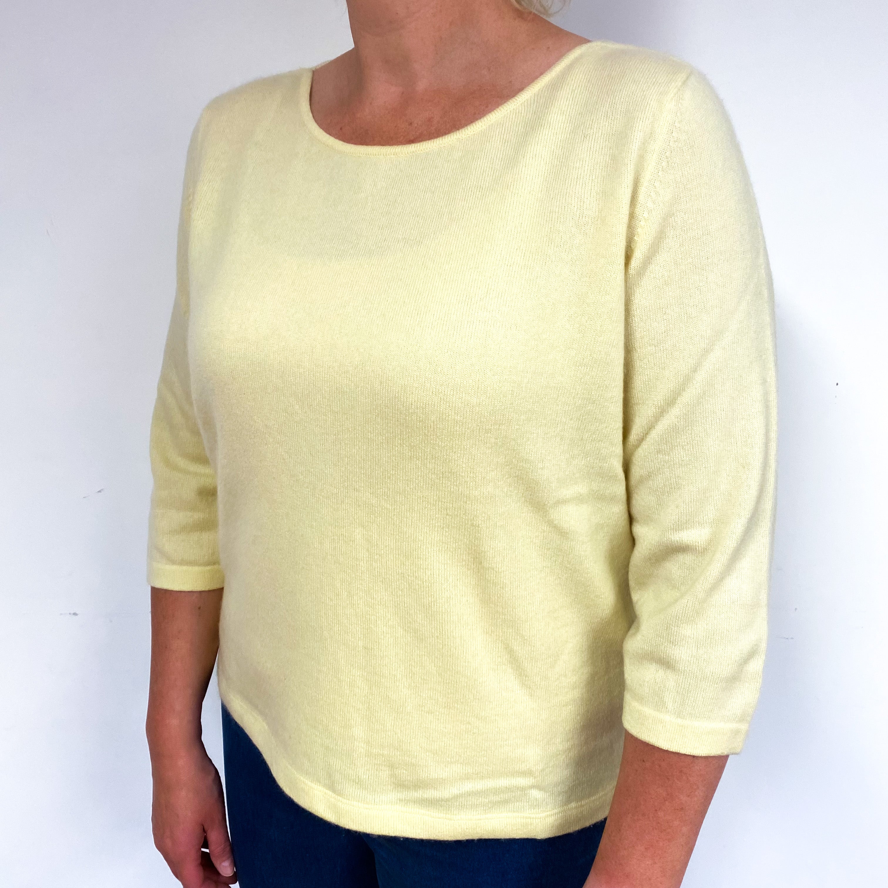Primrose Yellow 3/4 Sleeve Cashmere Crew Neck Jumper Large