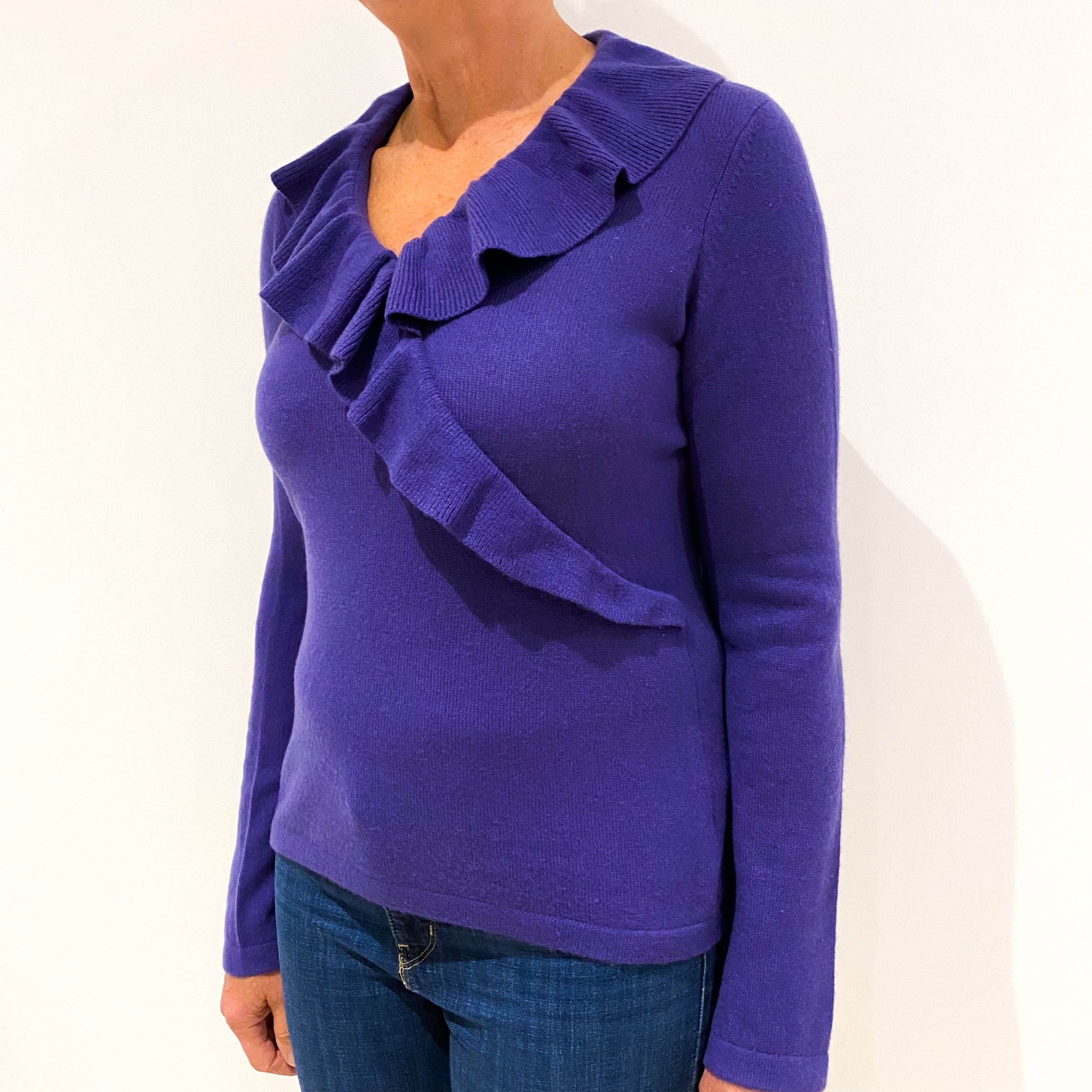 Pansy Purple Frill Trim Cashmere Crew Neck Jumper Medium