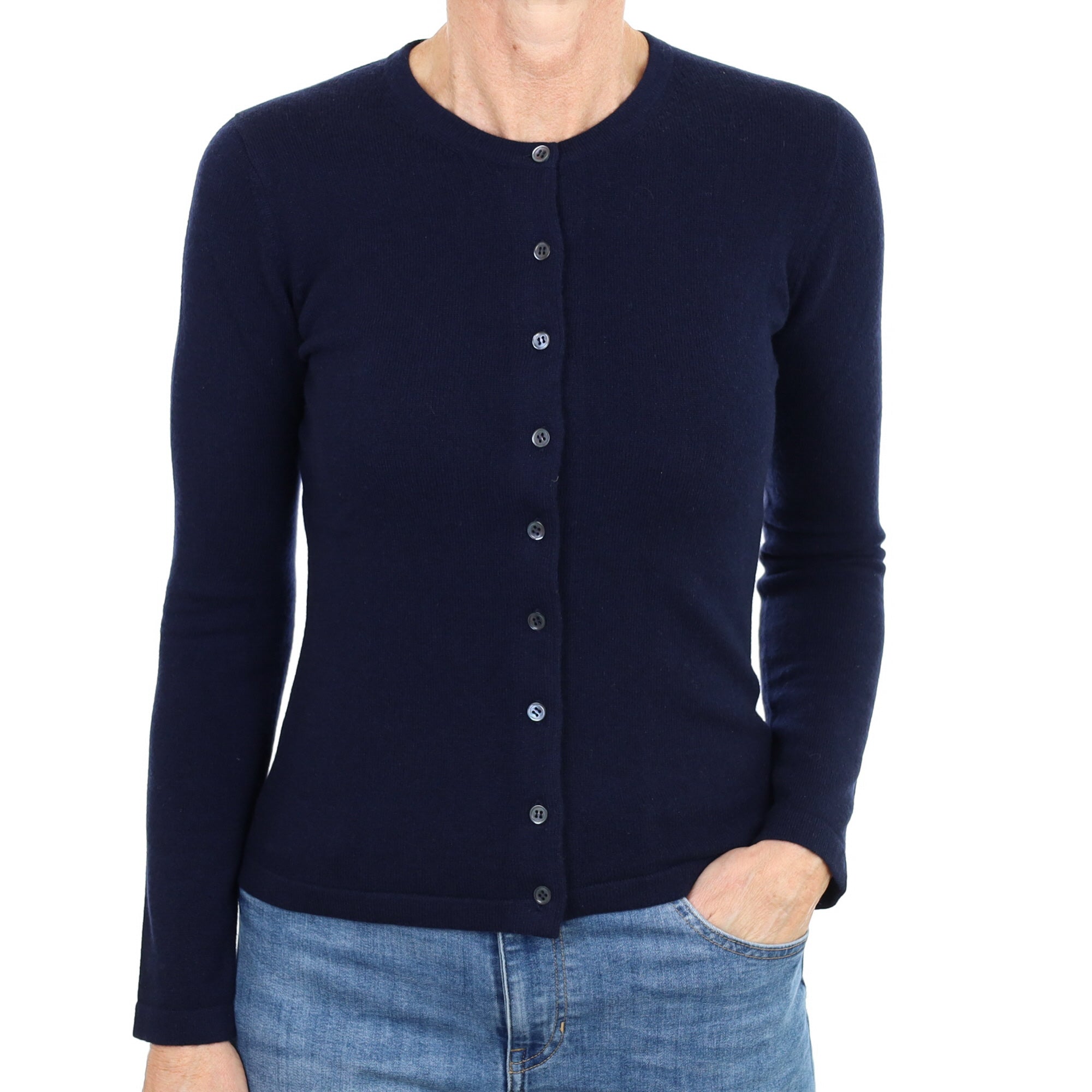 New Navy Blue Cashmere Crew Neck Cardigan Small