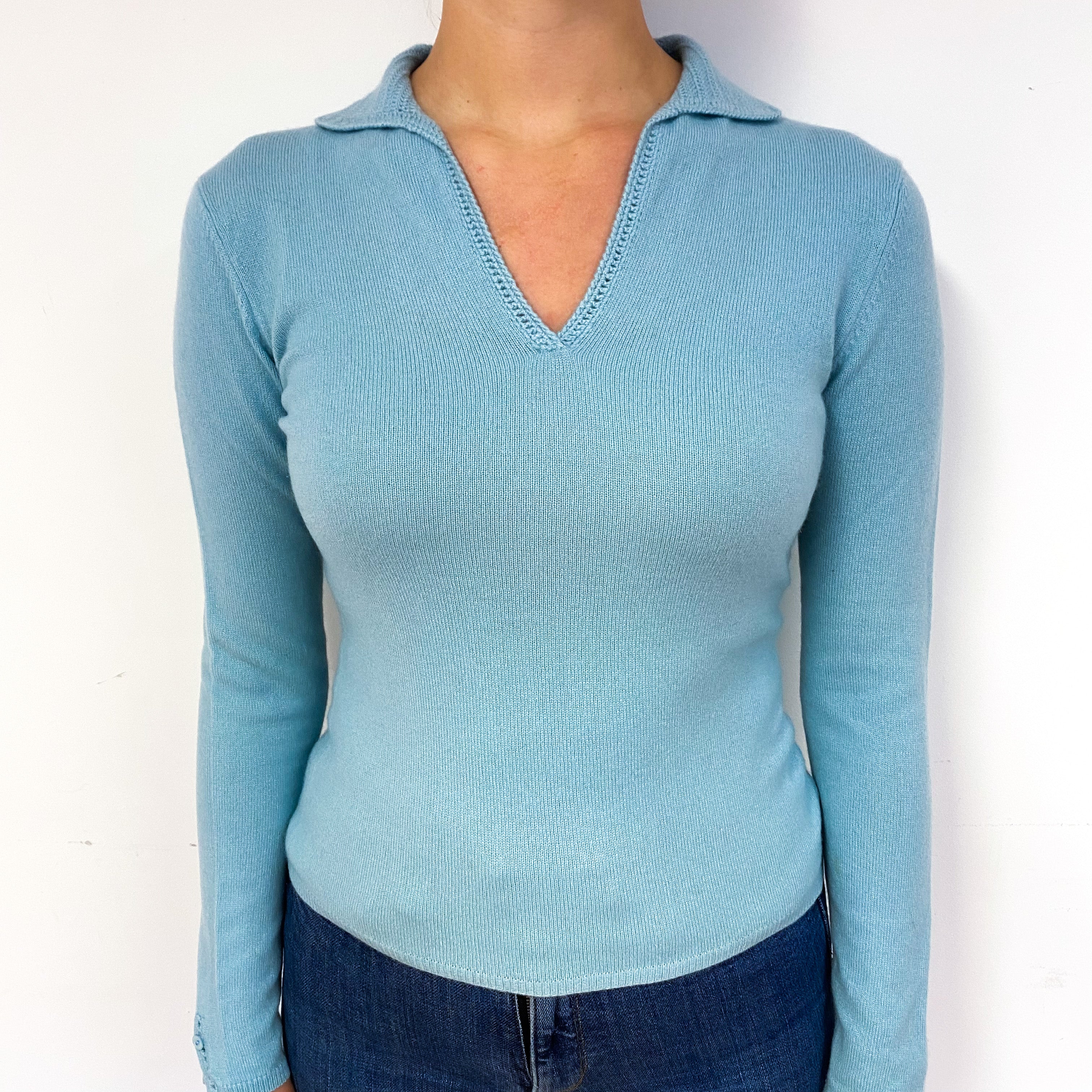 Duck Egg Blue Cashmere Collared V-Neck Jumper Small