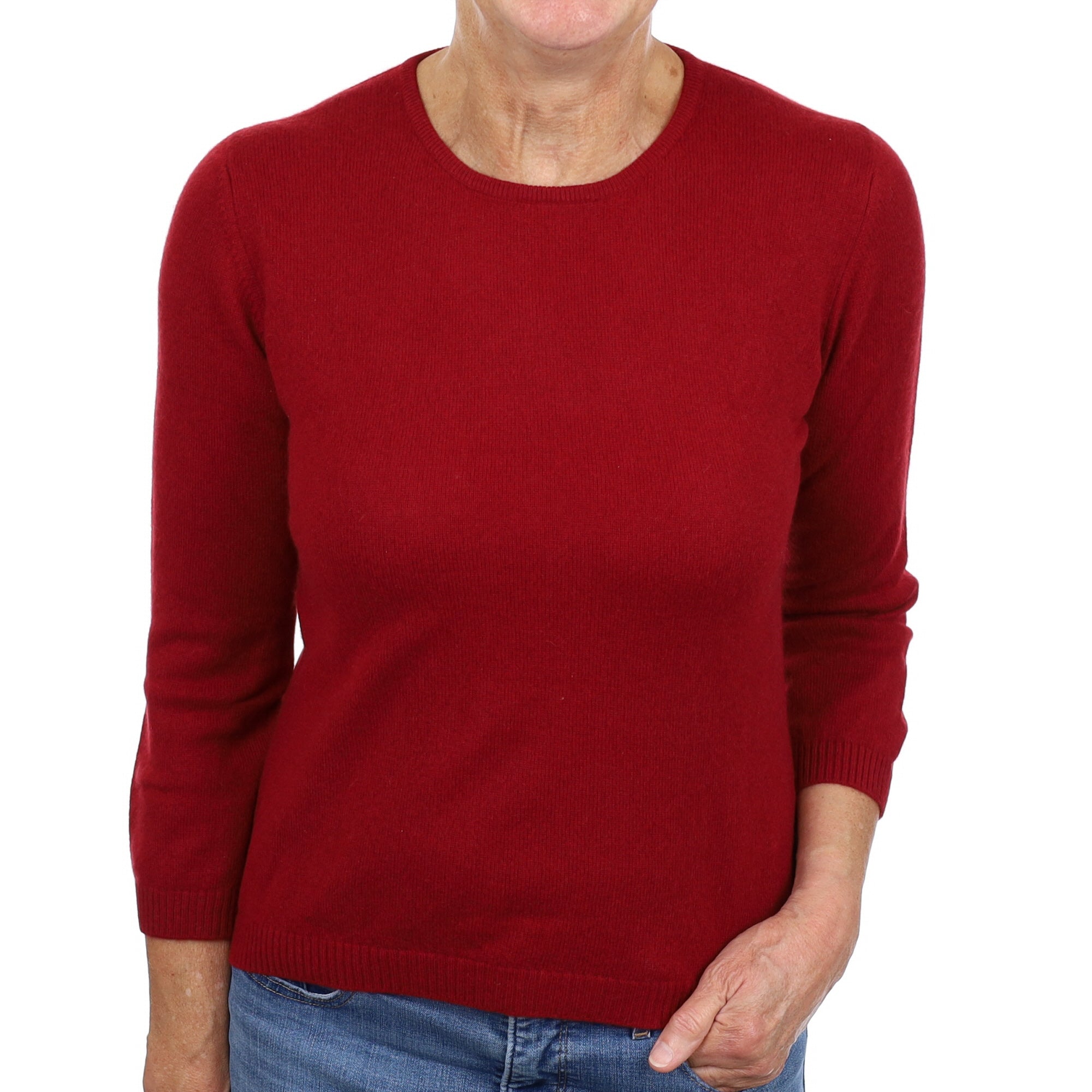 Maroon Red Cashmere 3/4 Sleeve Crew Neck Jumper Medium