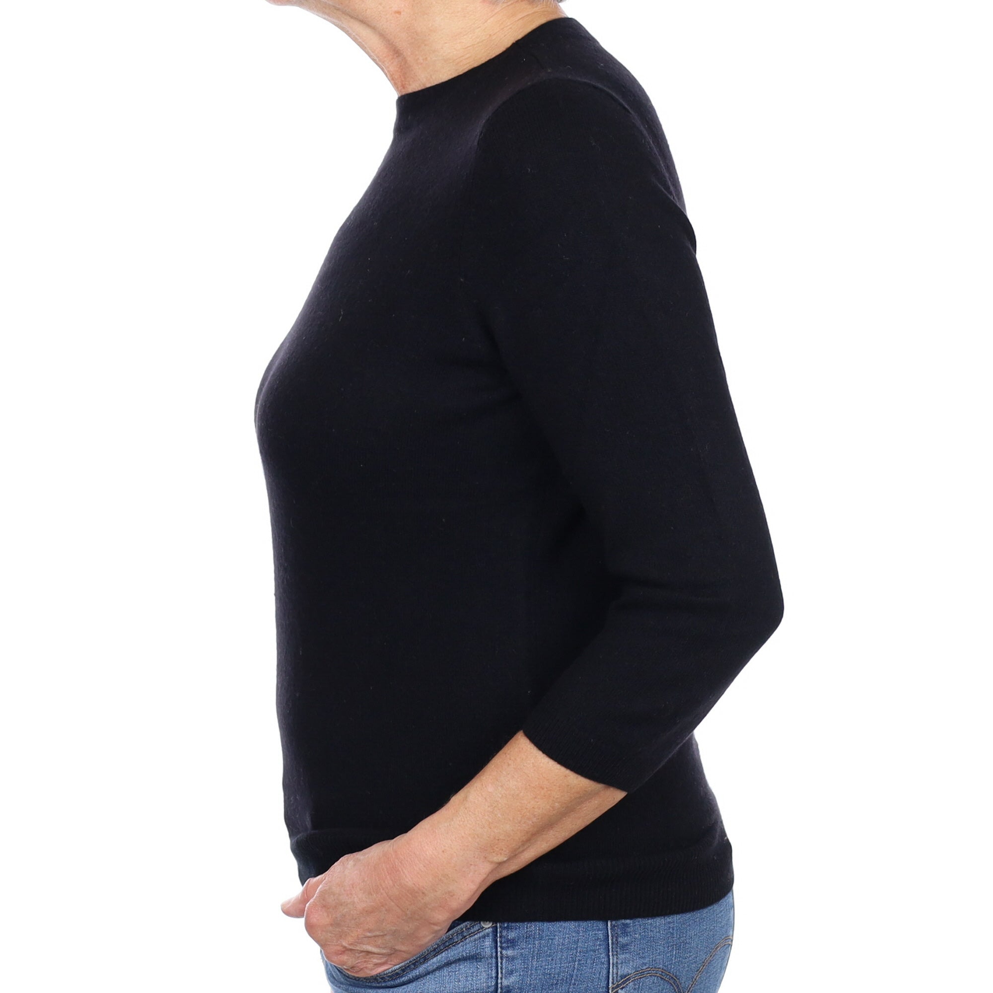 Black Cashmere 3/4 Sleeve Crew Neck Jumper Medium