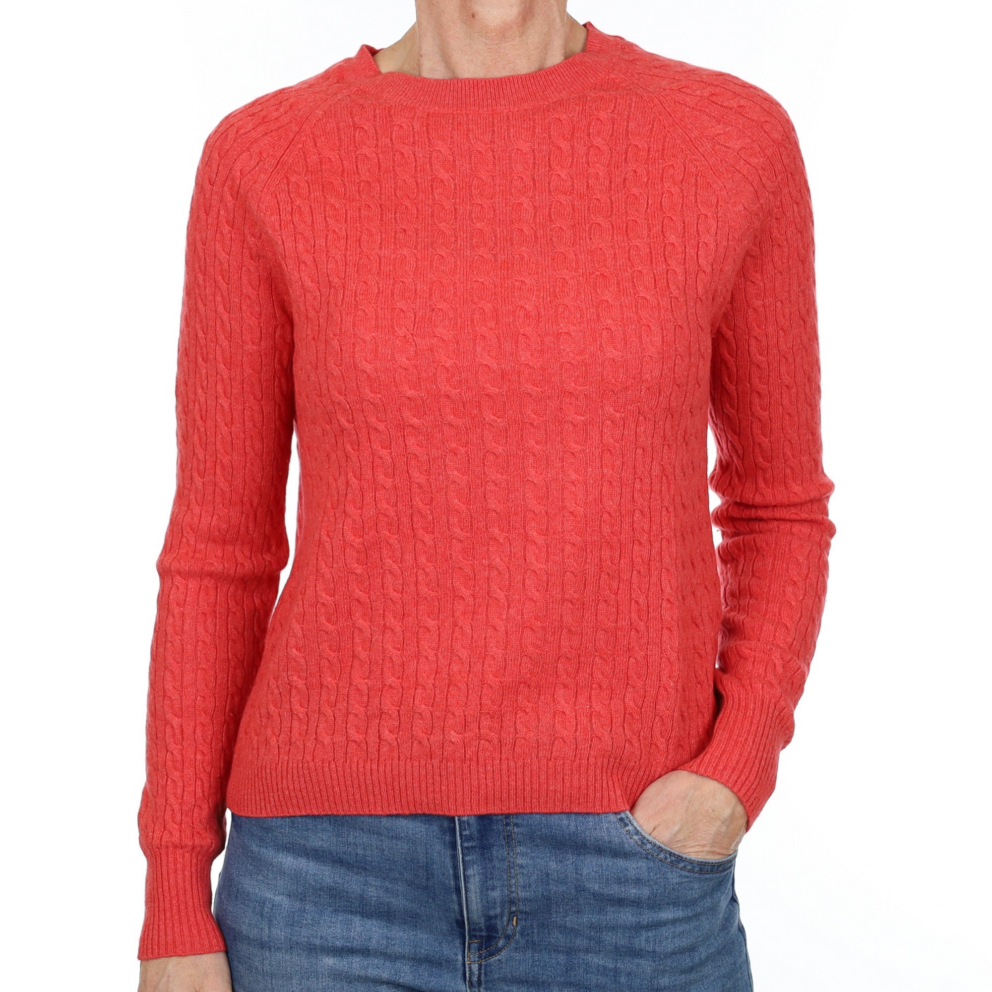 Strawberry Pink Cable Cashmere Crew Neck Jumper Small