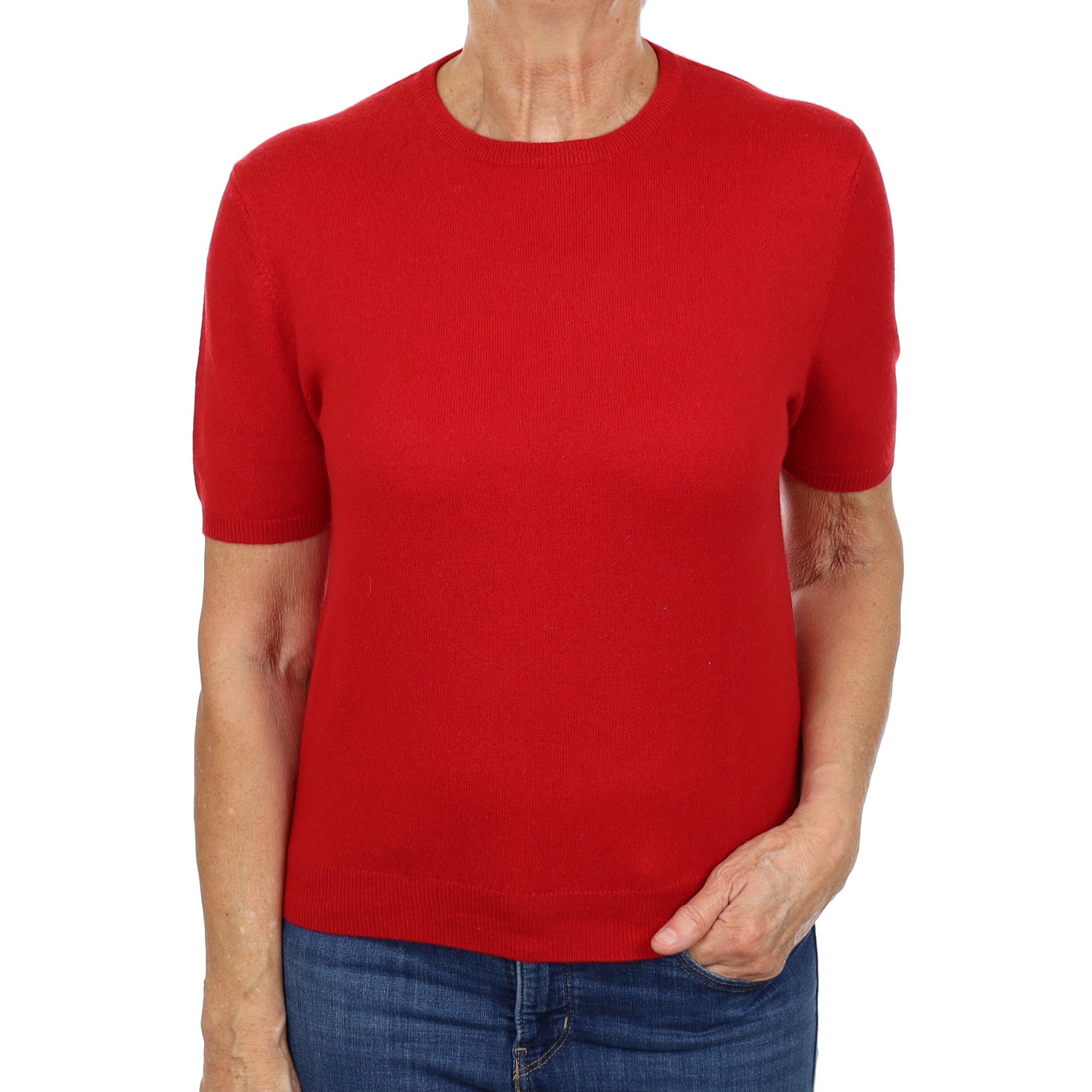 Scarlet Red Cashmere Crew Neck Short Sleeved Jumper Medium