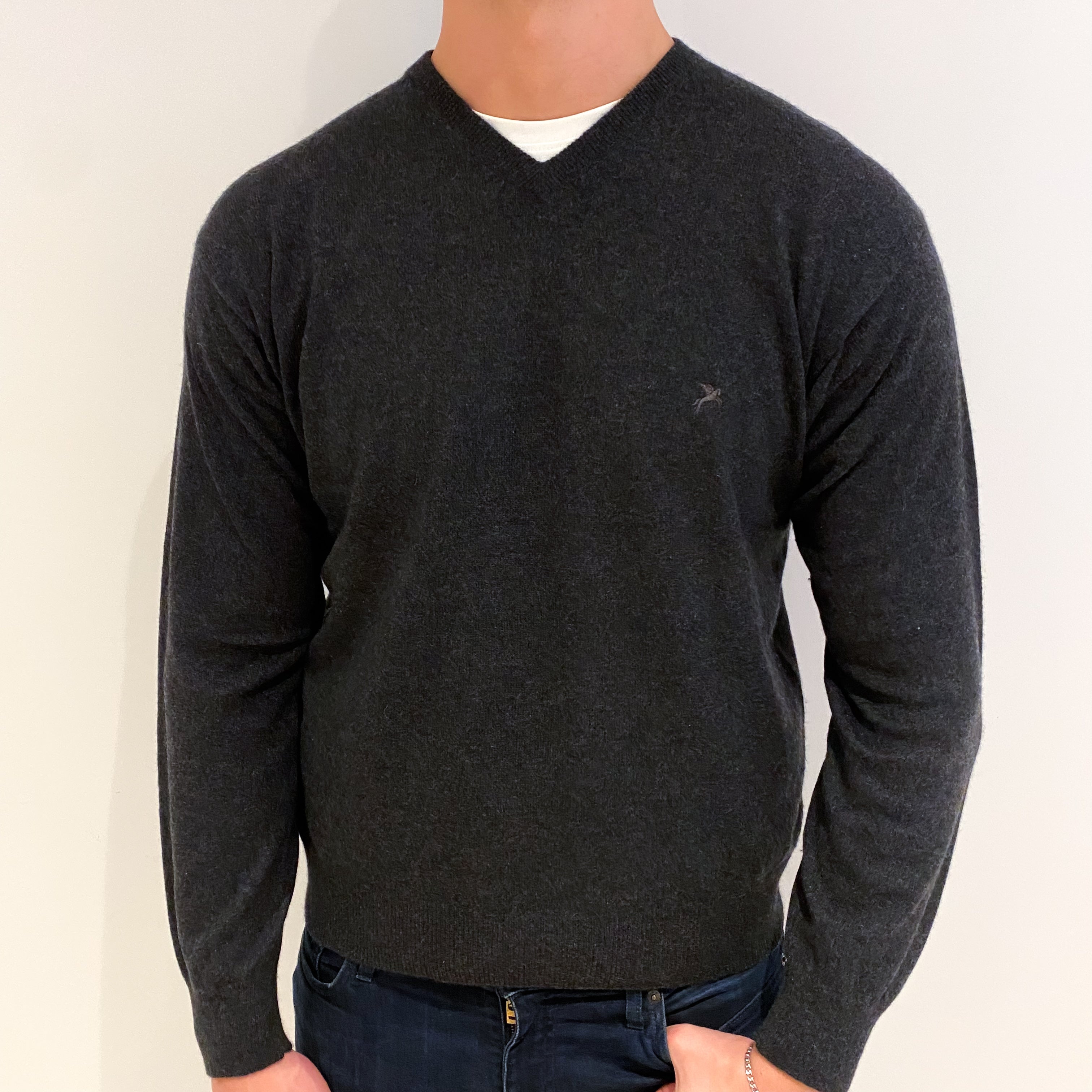 Men's Charcoal Grey Cashmere V Neck Jumper XL