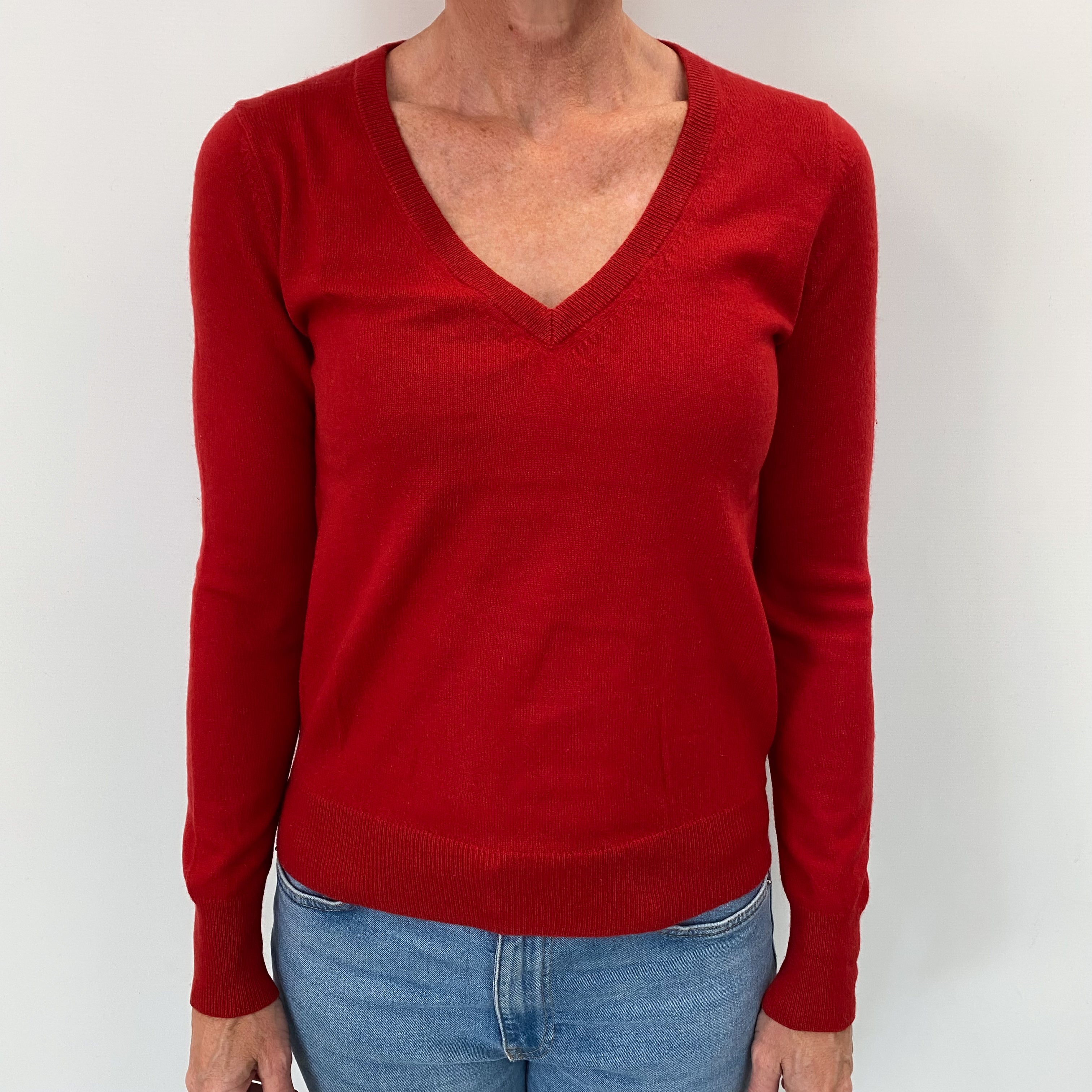 Spanish Red Cashmere V Neck Jumper Small