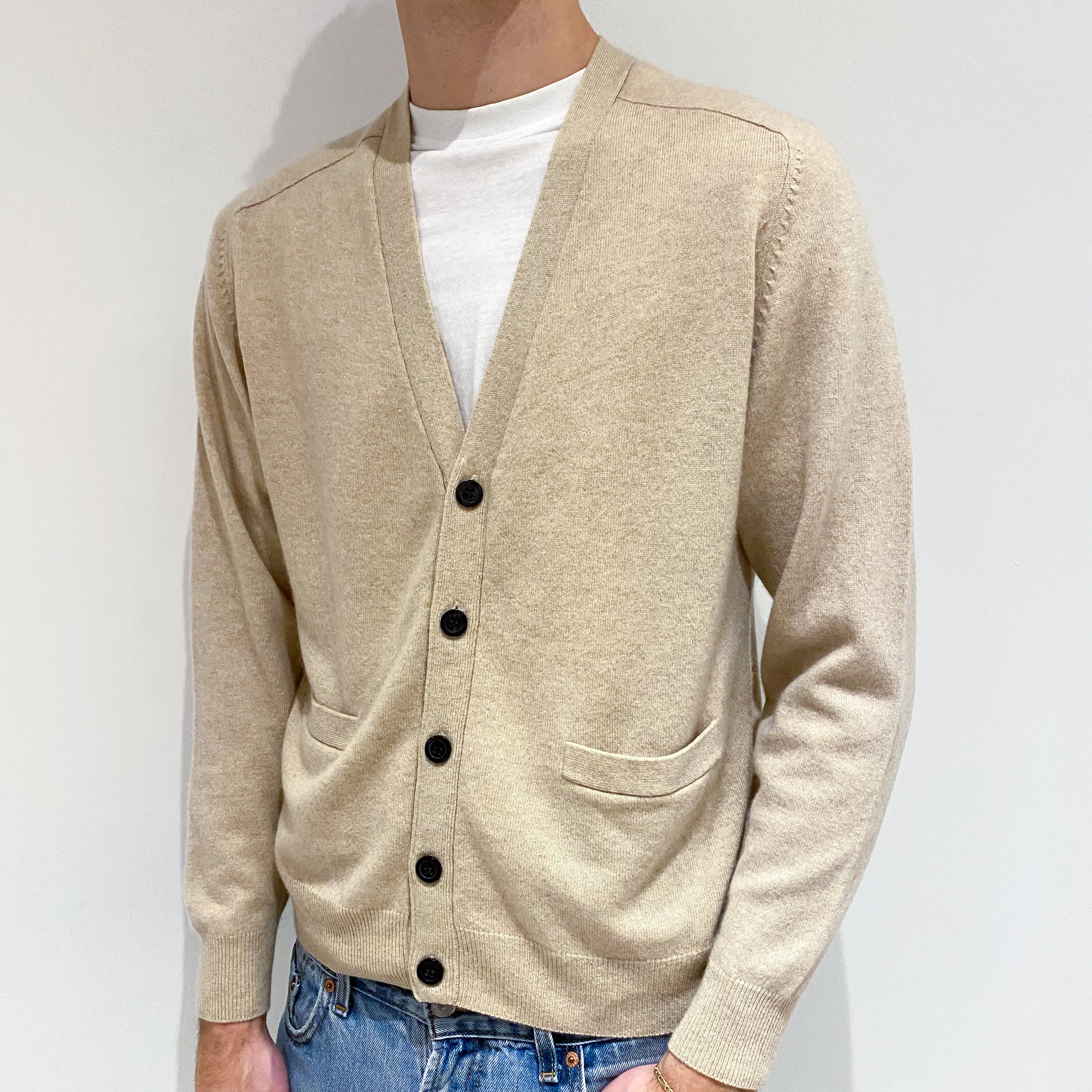 Men's Sand Beige Cashmere V-Neck Cardigan with Pockets Large