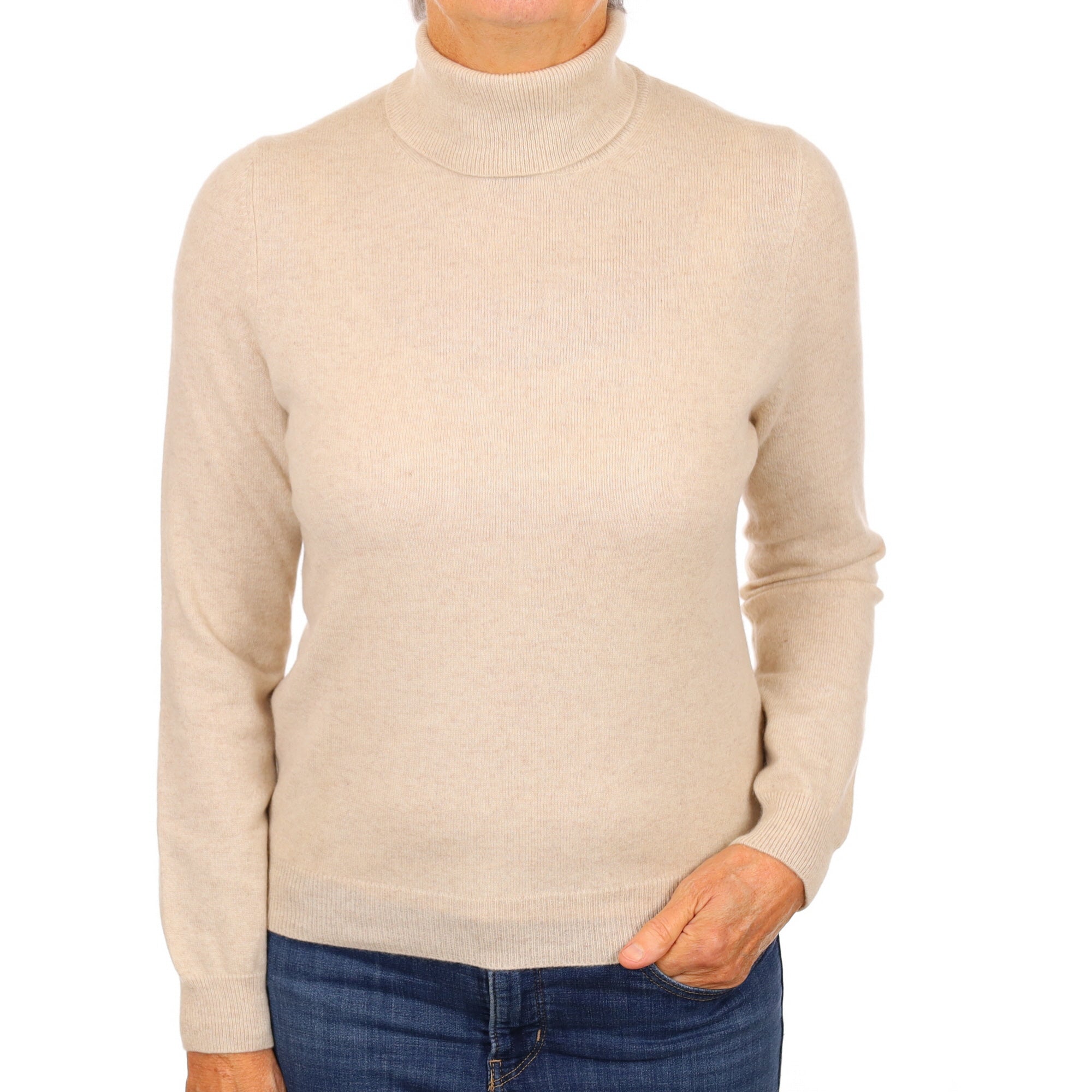 Oatmeal Beige Cashmere Polo Neck Jumper Medium