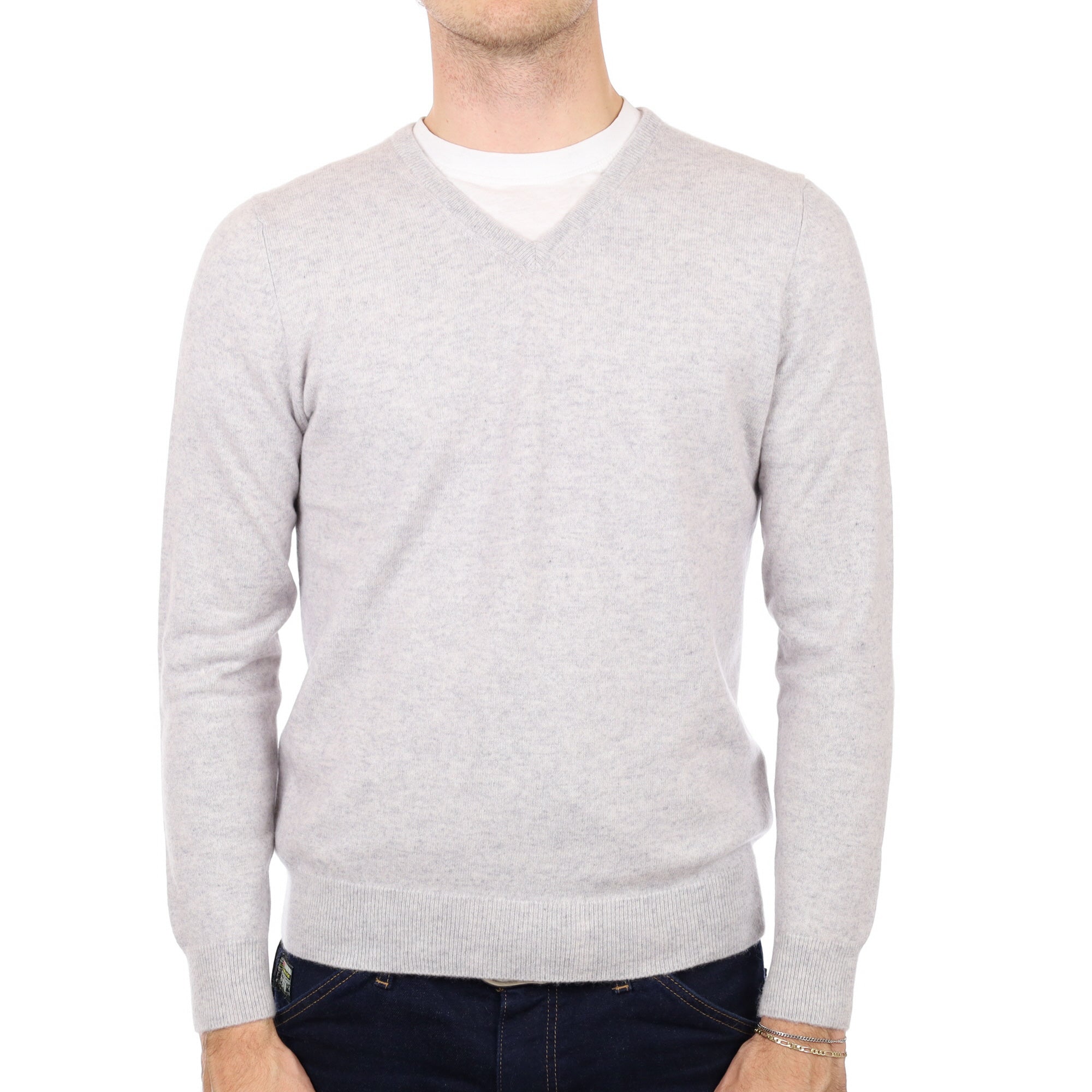 Men's Mist Grey Cashmere V Neck Jumper Medium