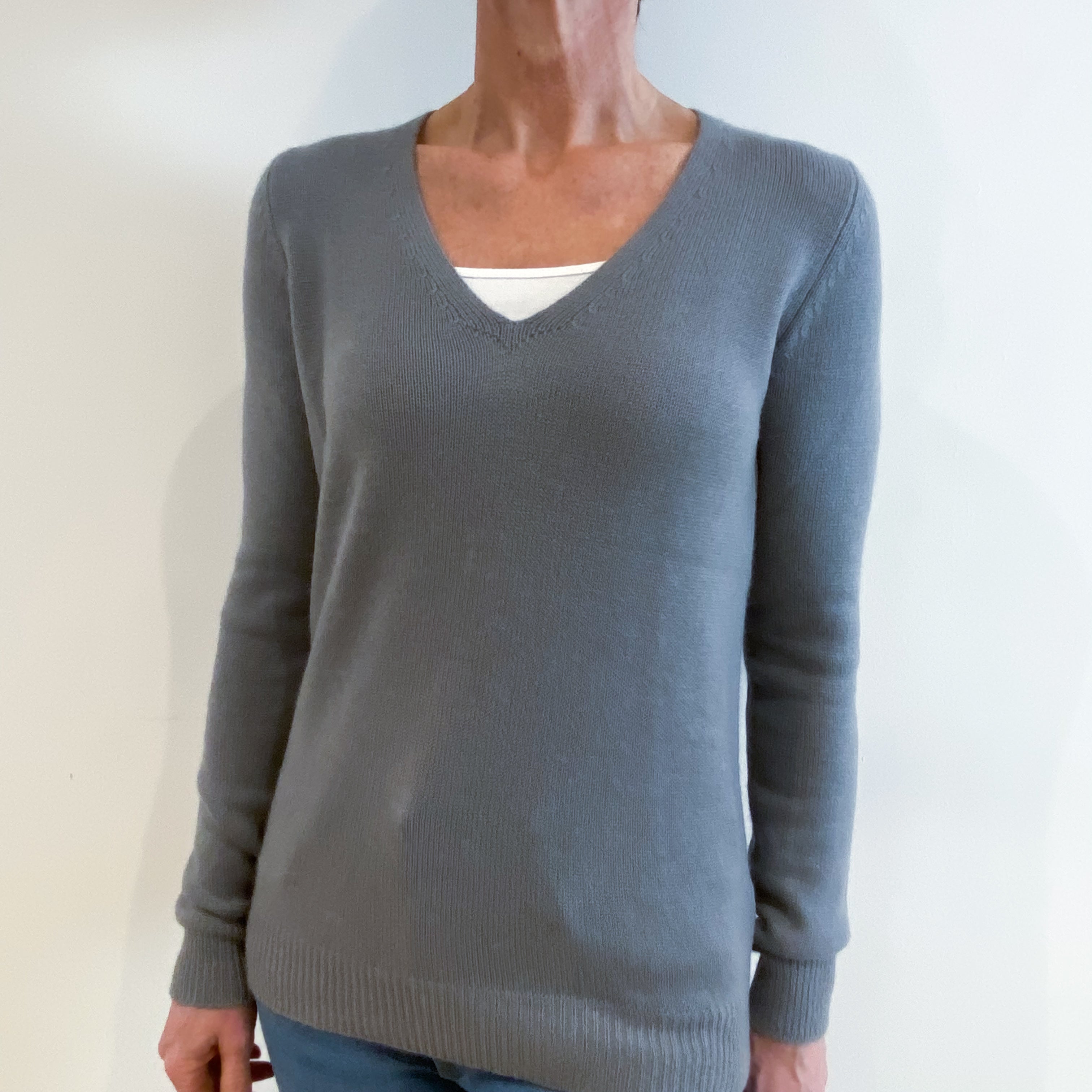 Steel Grey Cashmere V Neck Jumper Small