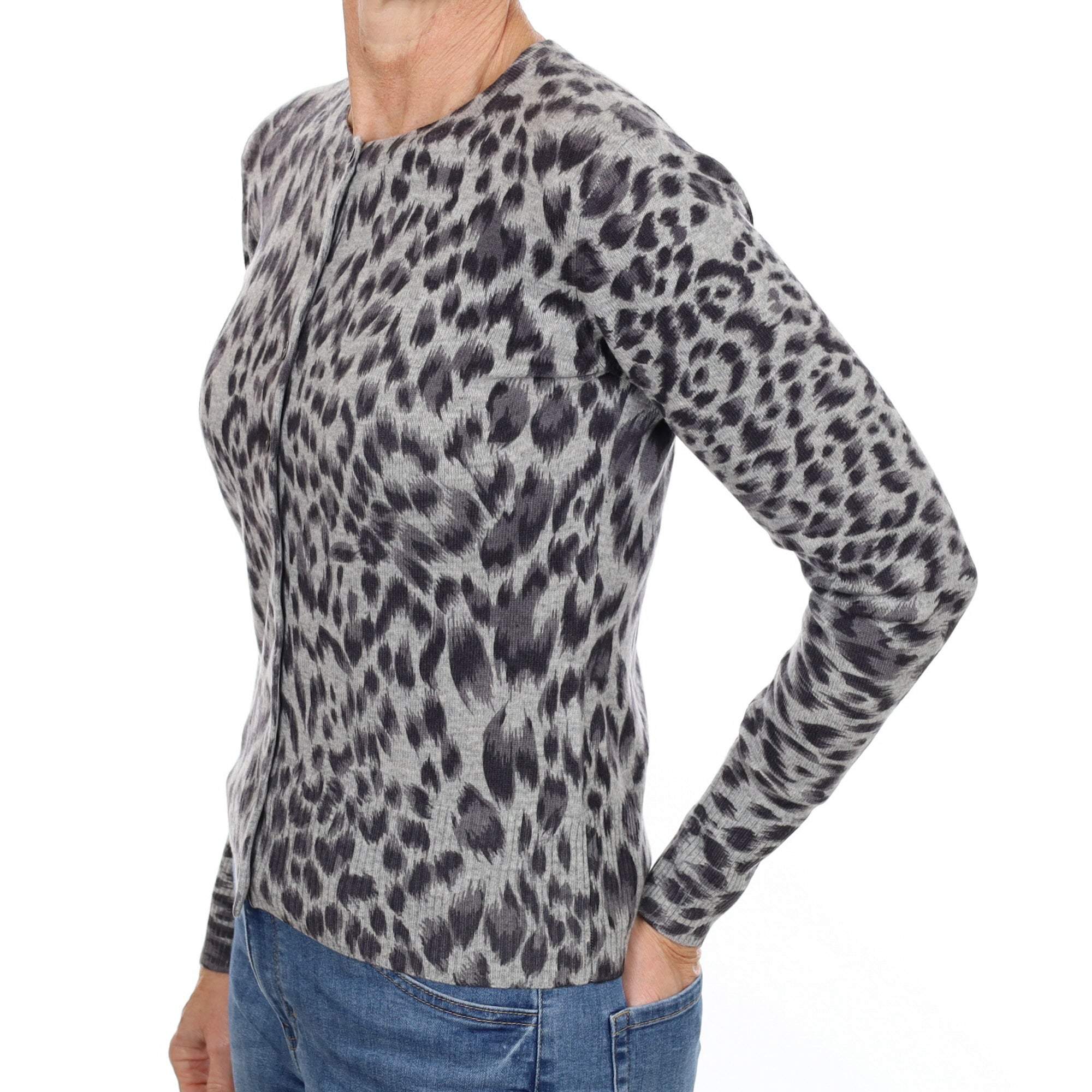 New Grey Animal Print Cashmere Crew Neck Cardigan Small
