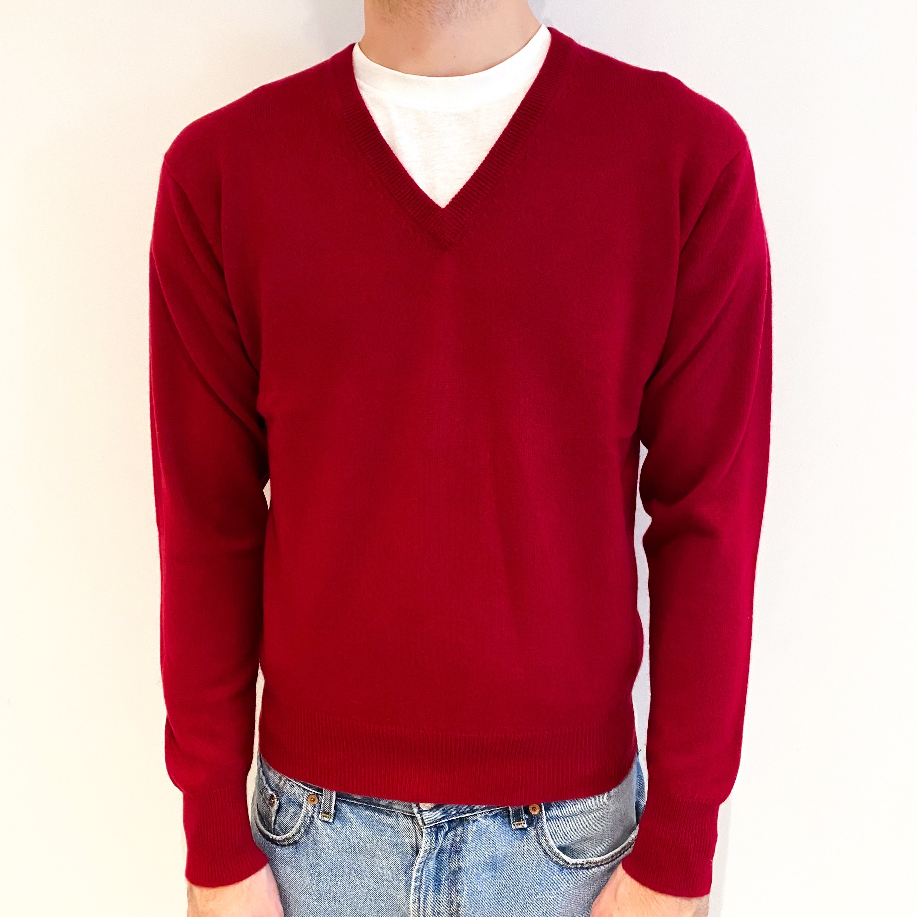 Men's Scarlet Red Cashmere V Neck Jumper Medium