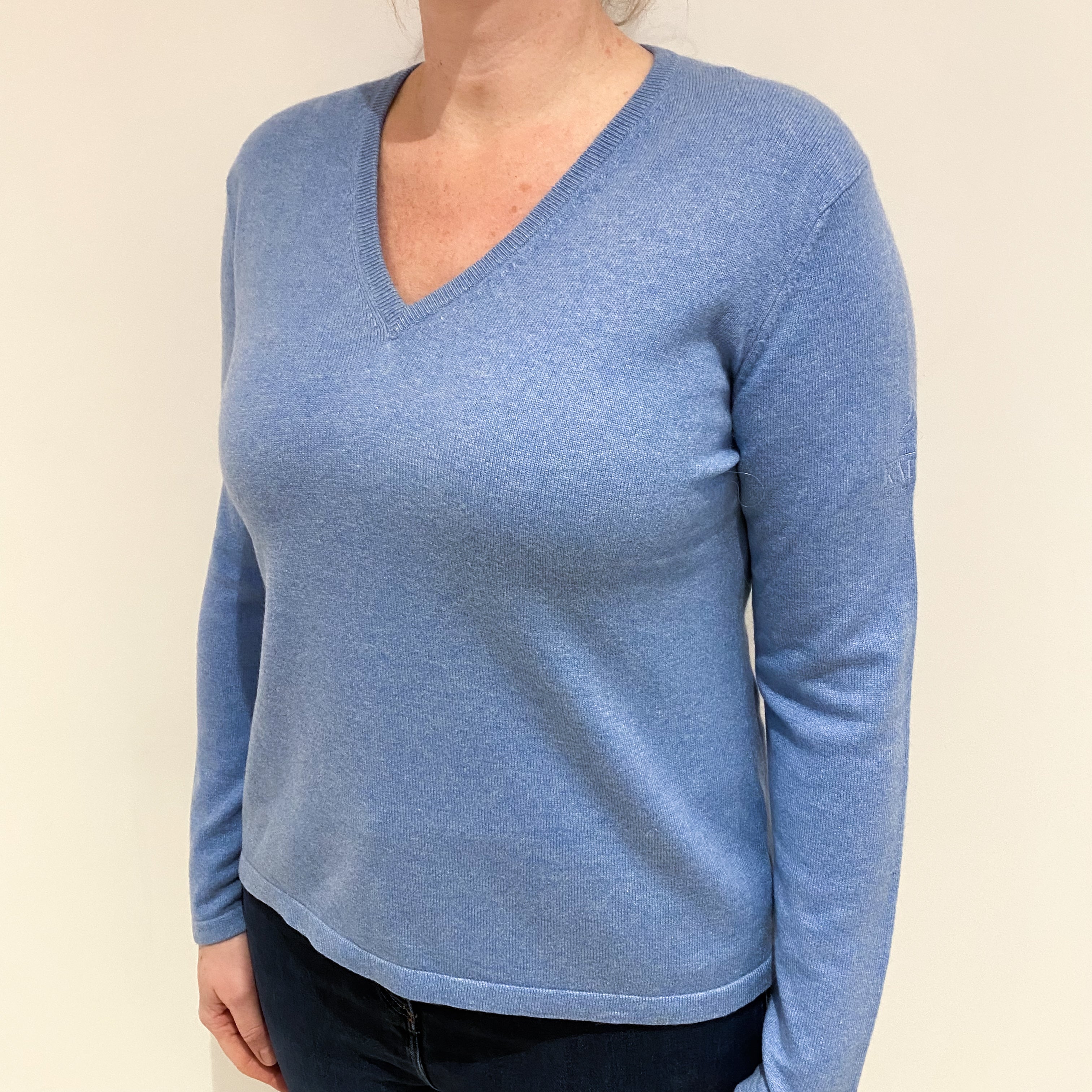 Pale Denim Blue Cashmere V Neck Jumper Large