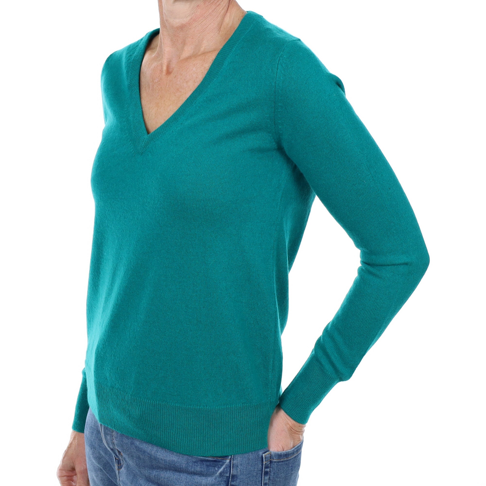 Dark Cyan Green Cashmere V Neck Jumper Small