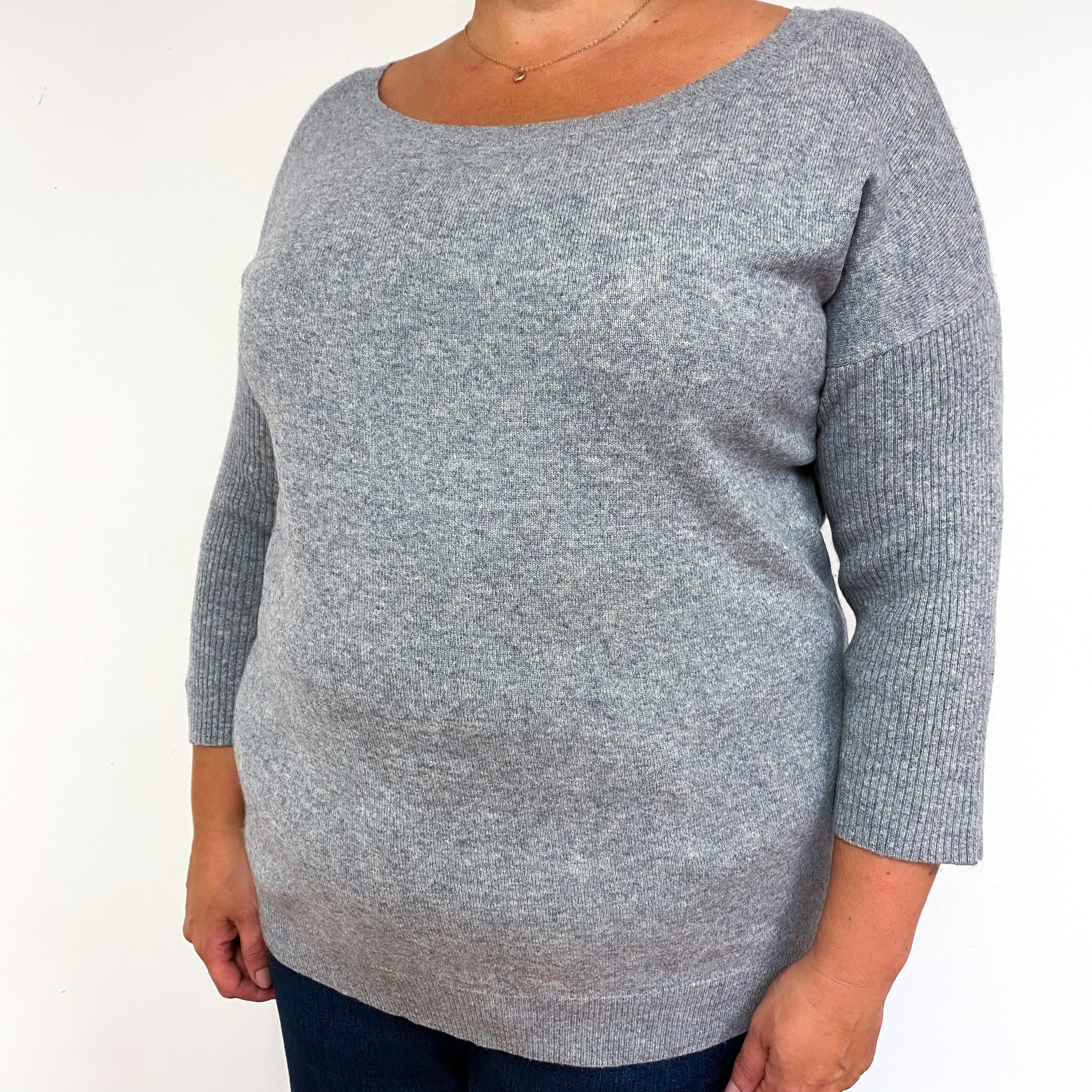 Grey 3/4 Sleeve Cashmere Boat Neck Jumper Extra Large