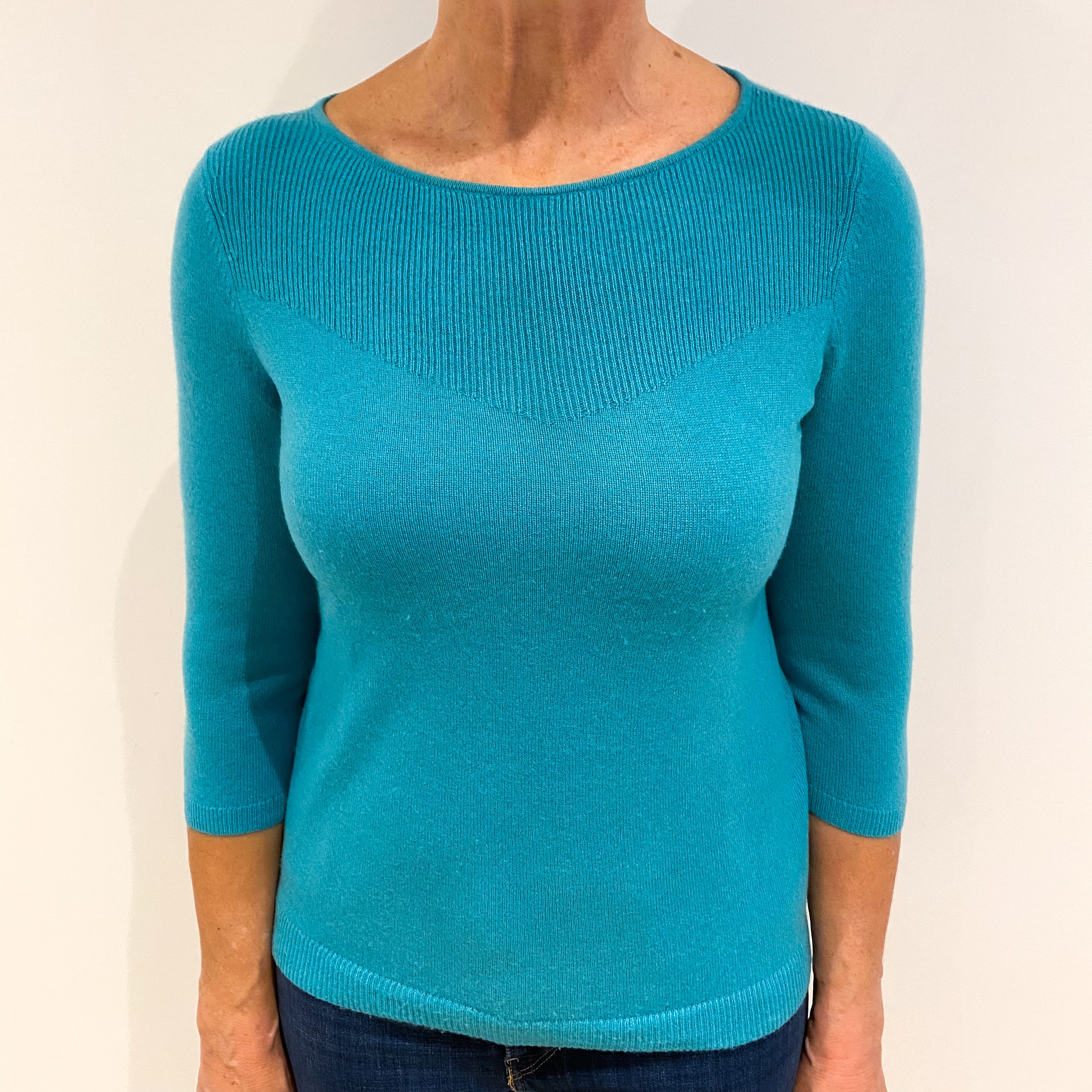 Turquoise 3/4 Sleeve Cashmere Crew Neck Jumper Medium Petite