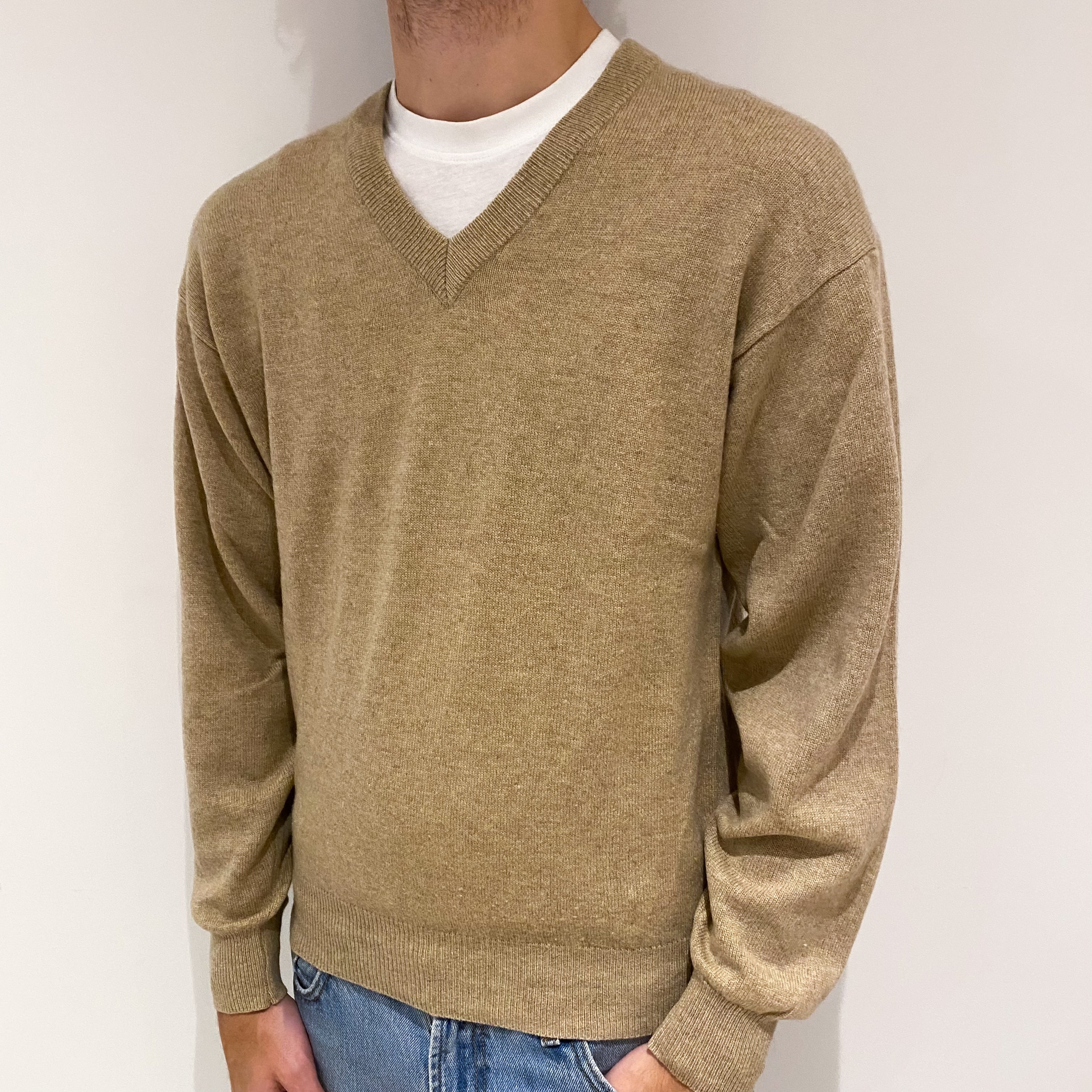 Men's Camel Cashmere V-Neck Jumper Large