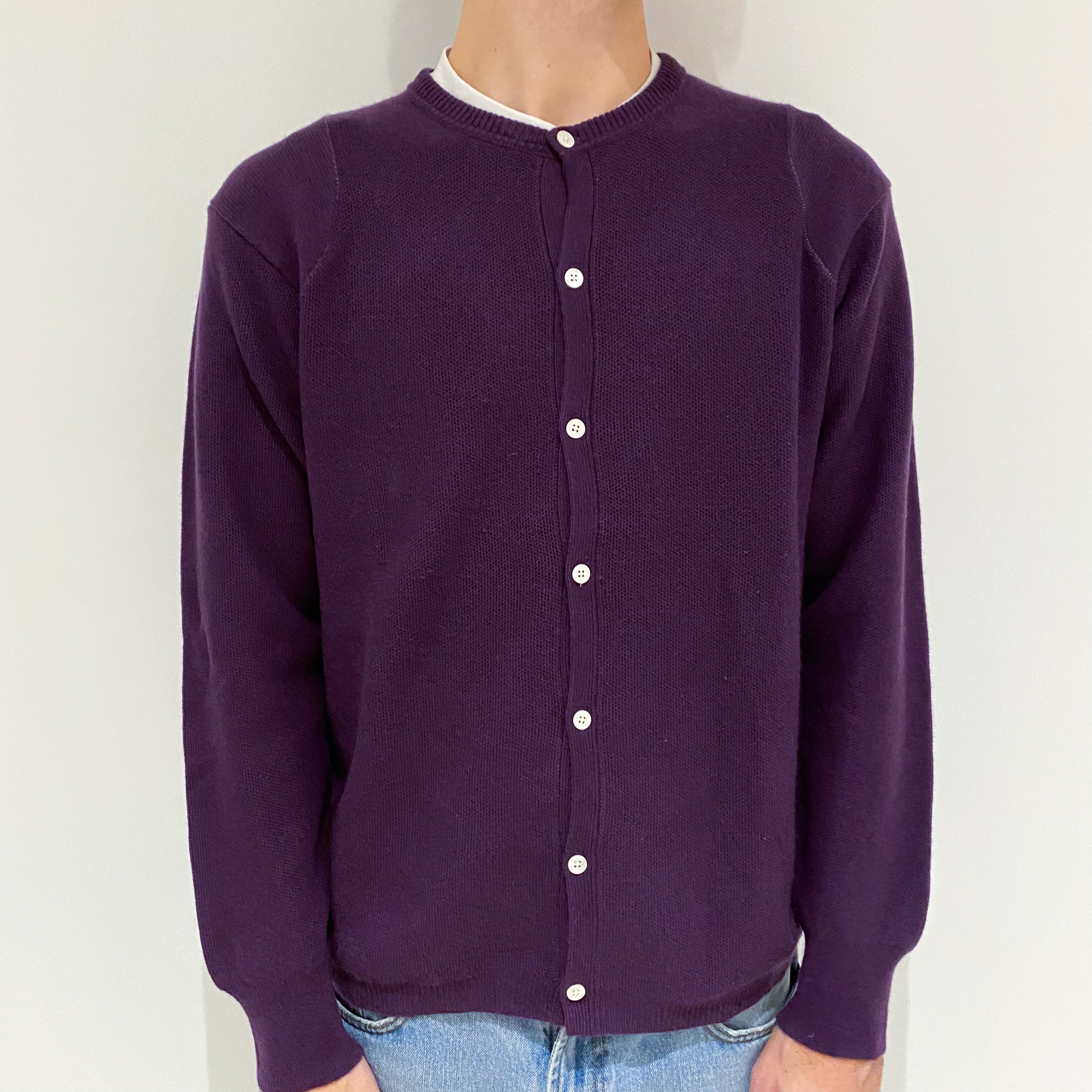 Men's Blueberry Purple Waffle Cashmere Crew Neck Cardigan Large