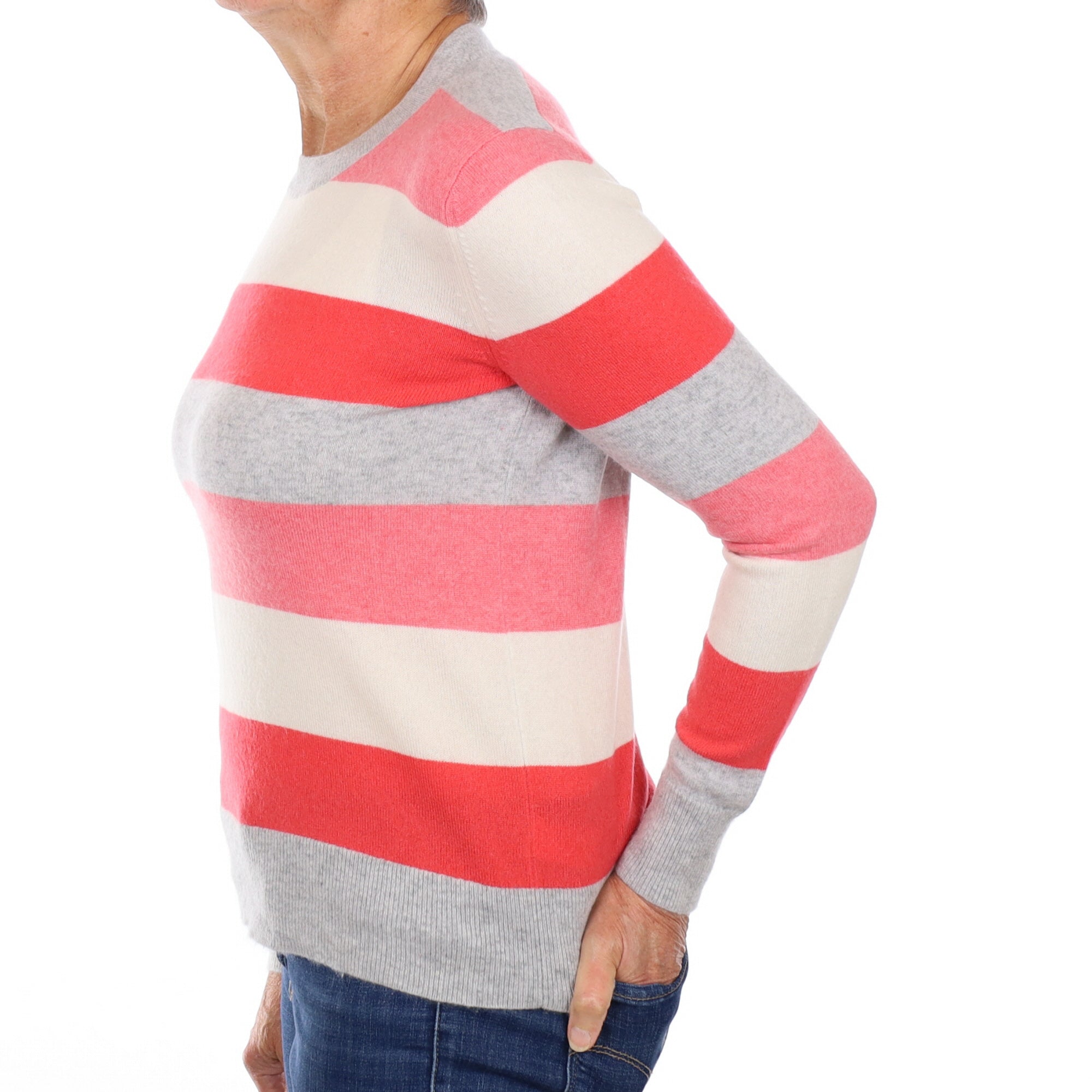 Grey and Coral Stripe Cashmere Crew Neck Jumper Medium
