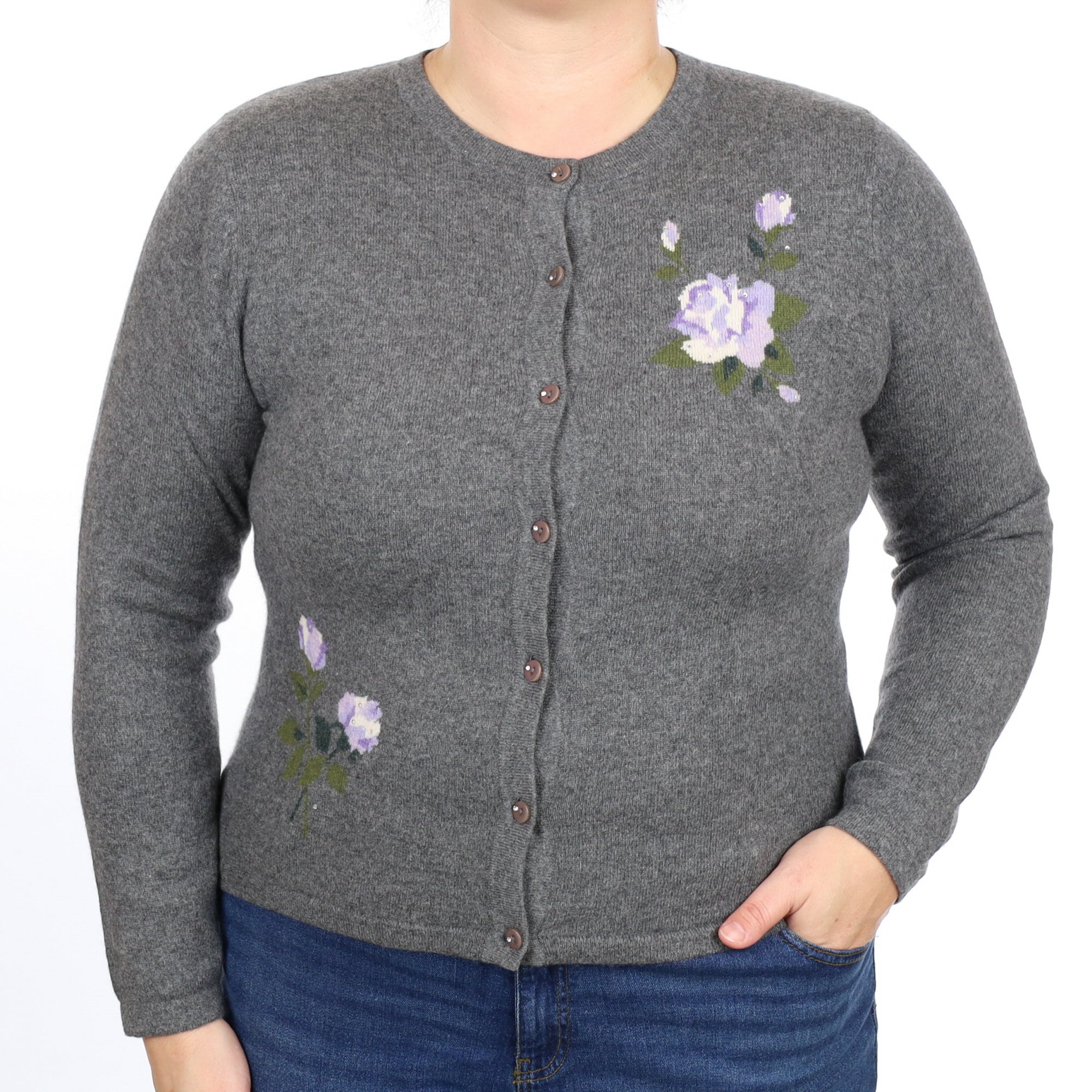 Slate Grey Floral Cashmere Crew Neck Cardigan Large