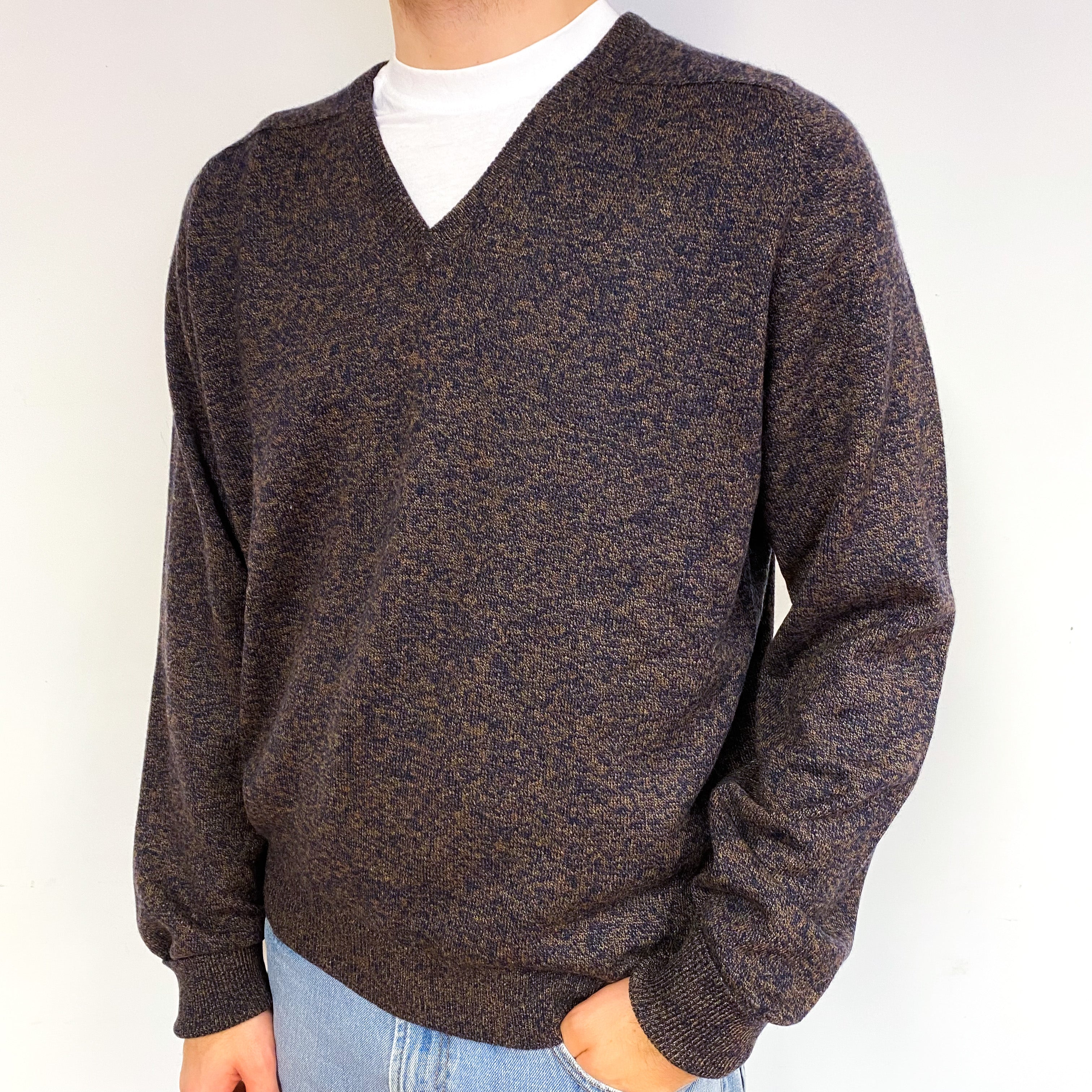 Men's Brown Navy Marl Cashmere V-Neck Jumper Large