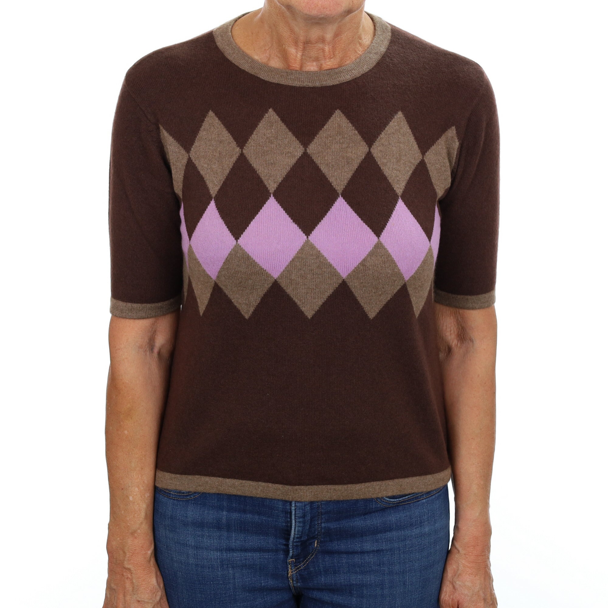 Chocolate Brown Diamond Cashmere Crew Neck Short Sleeved Jumper Medium